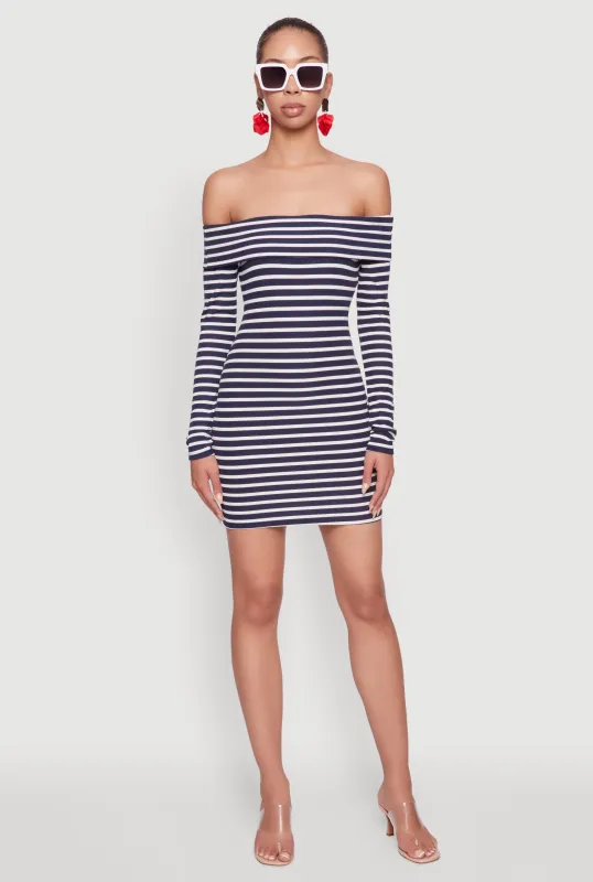Iris Striped Off The Shoulder Mini Bodycon Dress sold by Rainbow