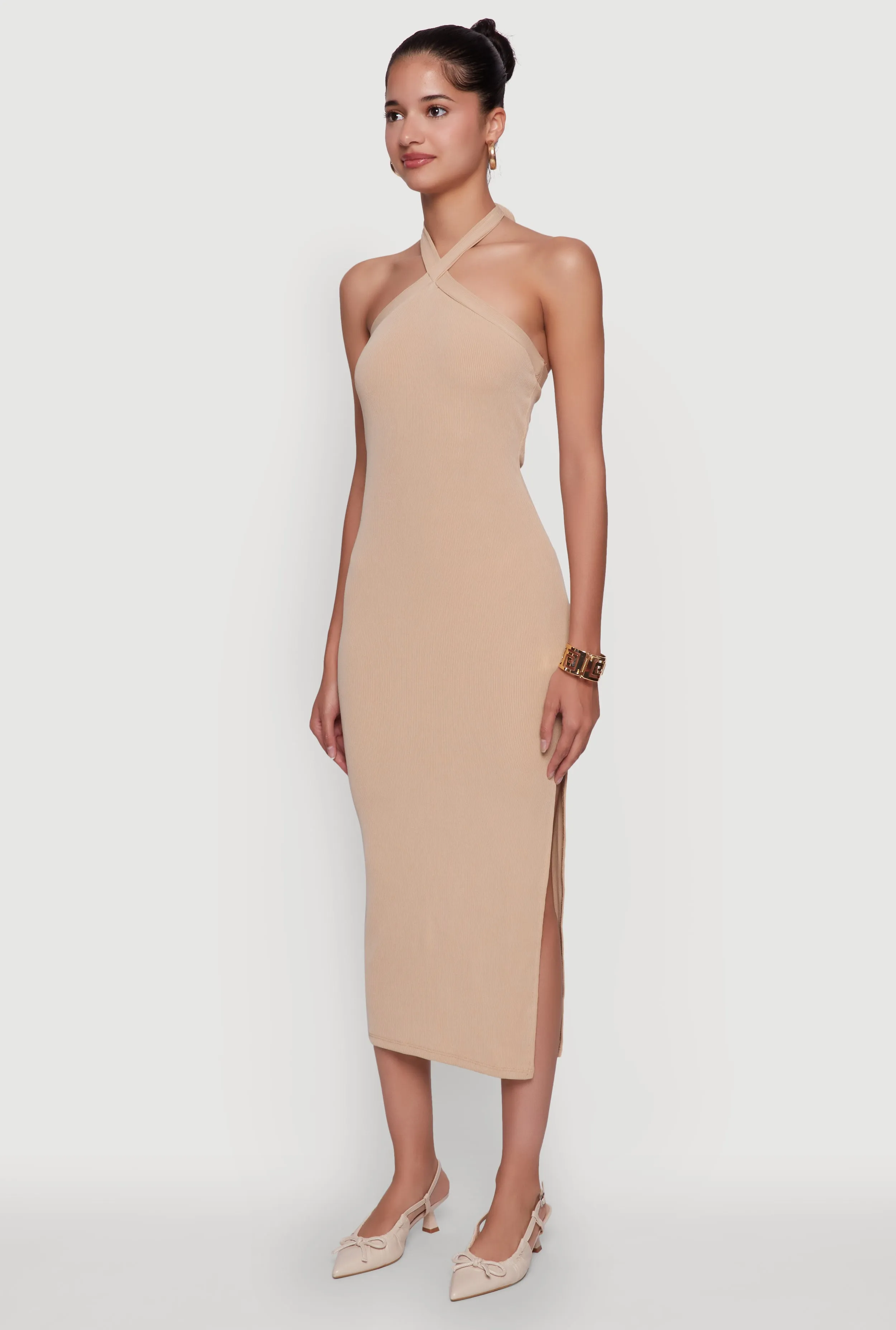 Ribbed Knit Bodycon Halter Dress with Side Slit sold by Rainbow product image thumbnail 3