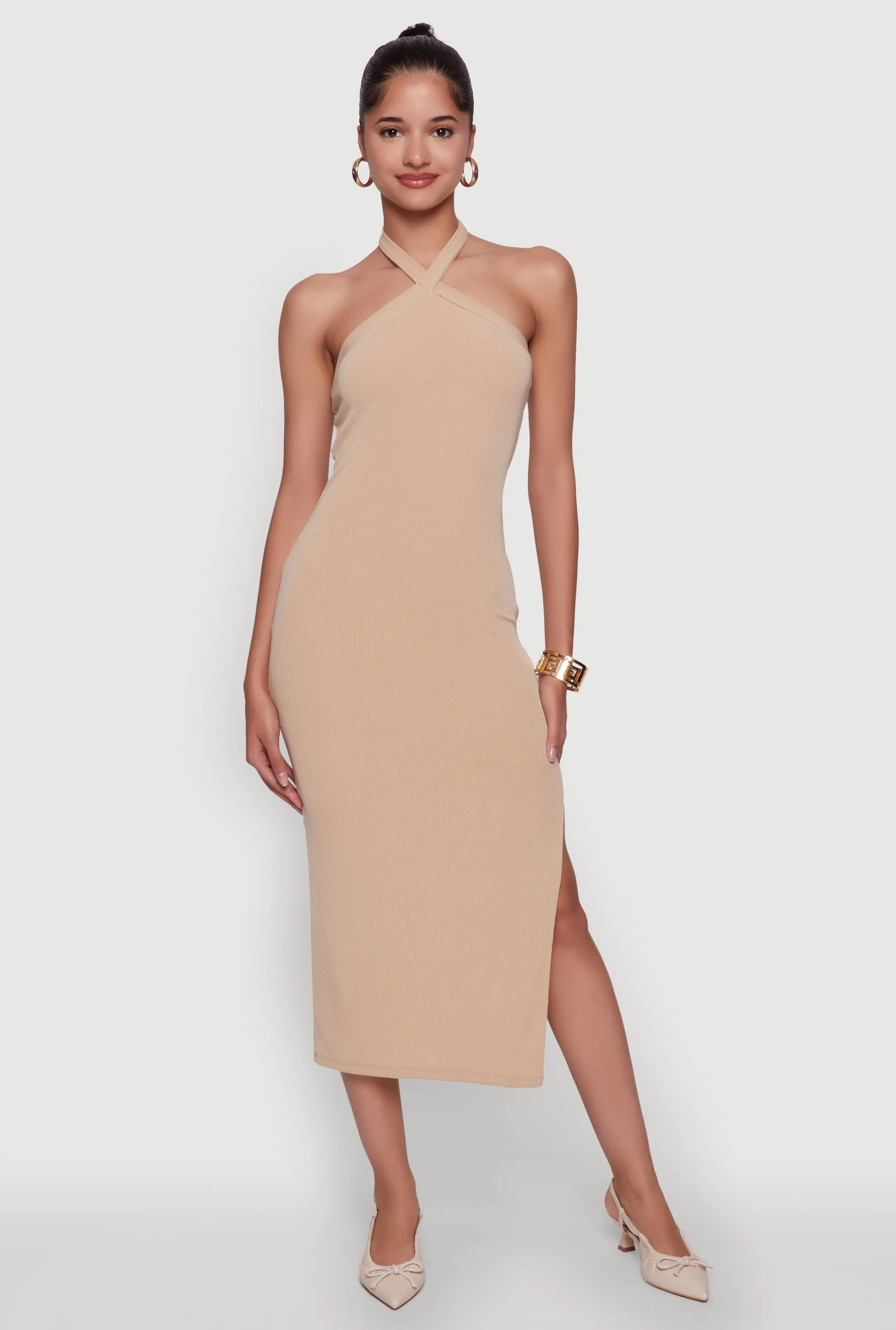 Ribbed Knit Bodycon Halter Dress with Side Slit sold by Rainbow product image thumbnail 2