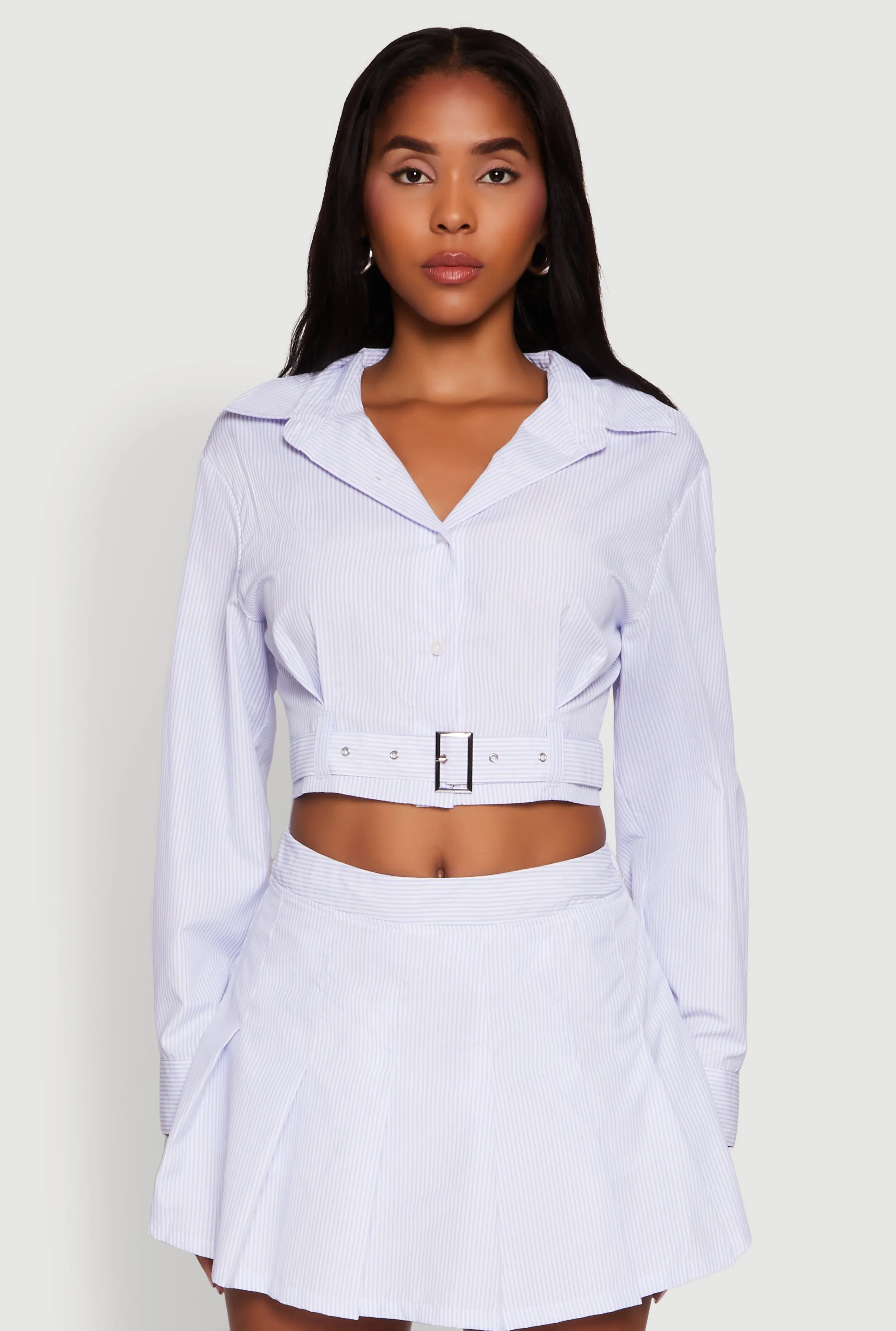 Striped Cropped Button Front Shirt with Belt sold by Rainbow