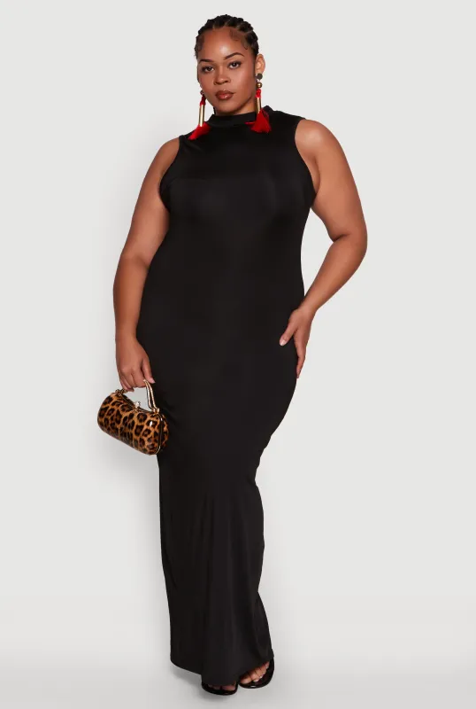 Plus Size Daisy Sleeveless Mock Neck Maxi Dress with Slit Back sold by Rainbow
