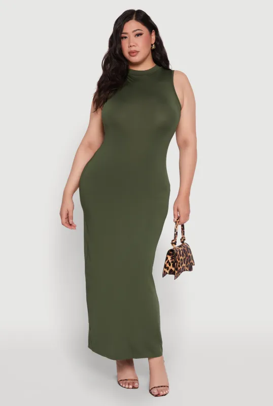 Plus Size Daisy Sleeveless Mock Neck Maxi Dress with Slit Back sold by Rainbow
