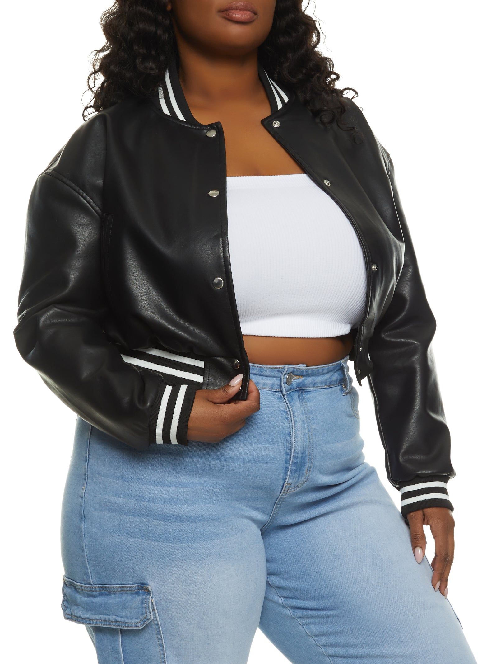 Plus Size Faux Leather Cropped Varsity Bomber Jacket sold by Rainbow