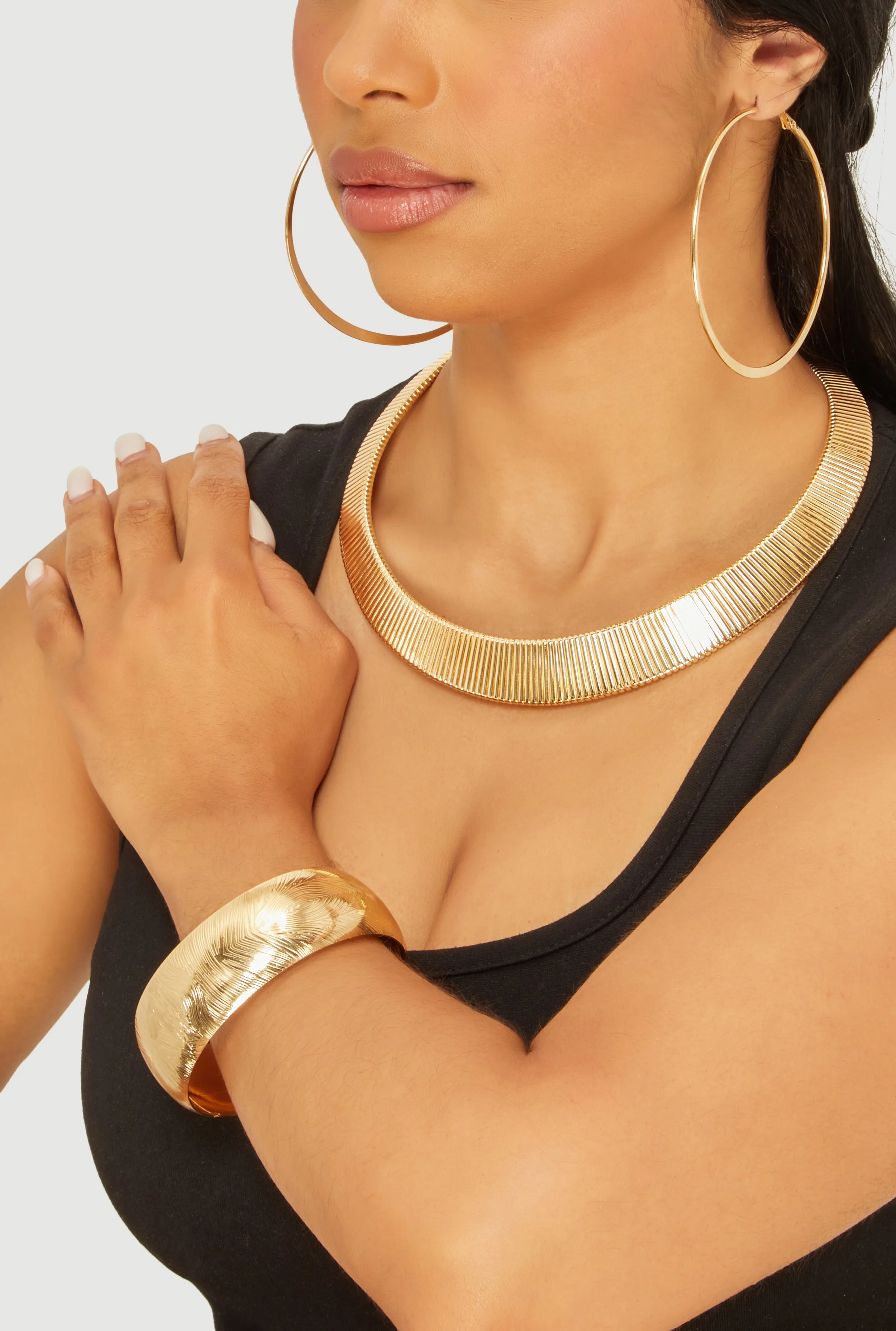 Metallic Statement Necklace with Hoop Earrings and Bangle Set sold by Rainbow product image thumbnail 2