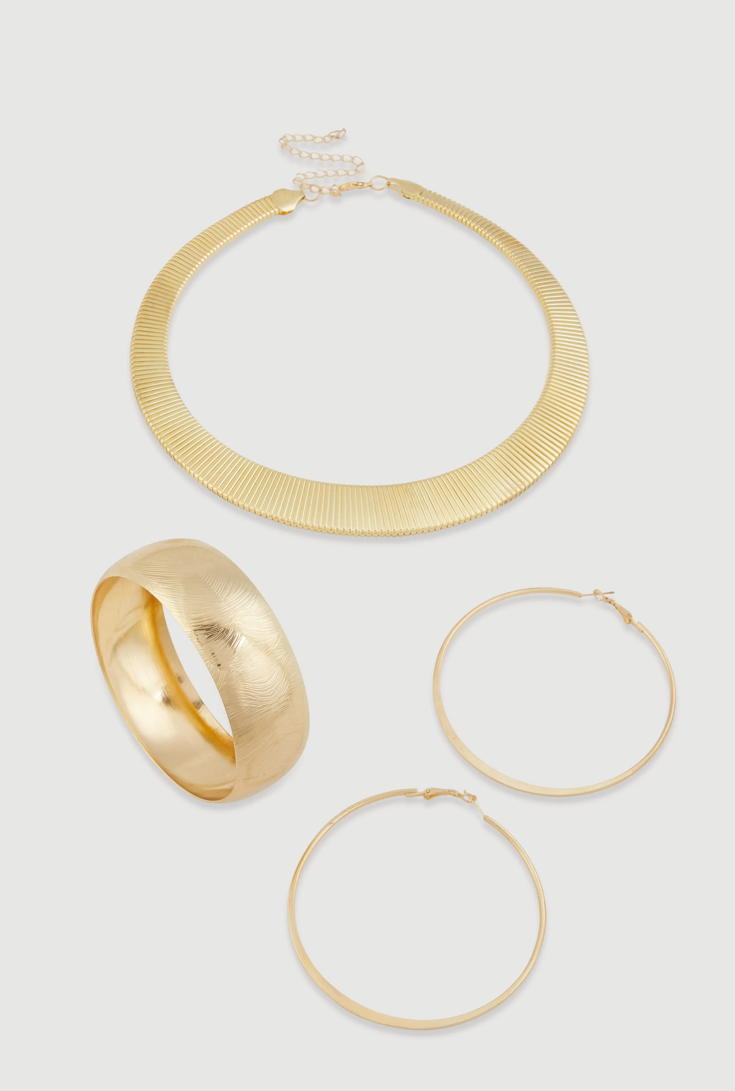 Metallic Statement Necklace with Hoop Earrings and Bangle Set sold by Rainbow