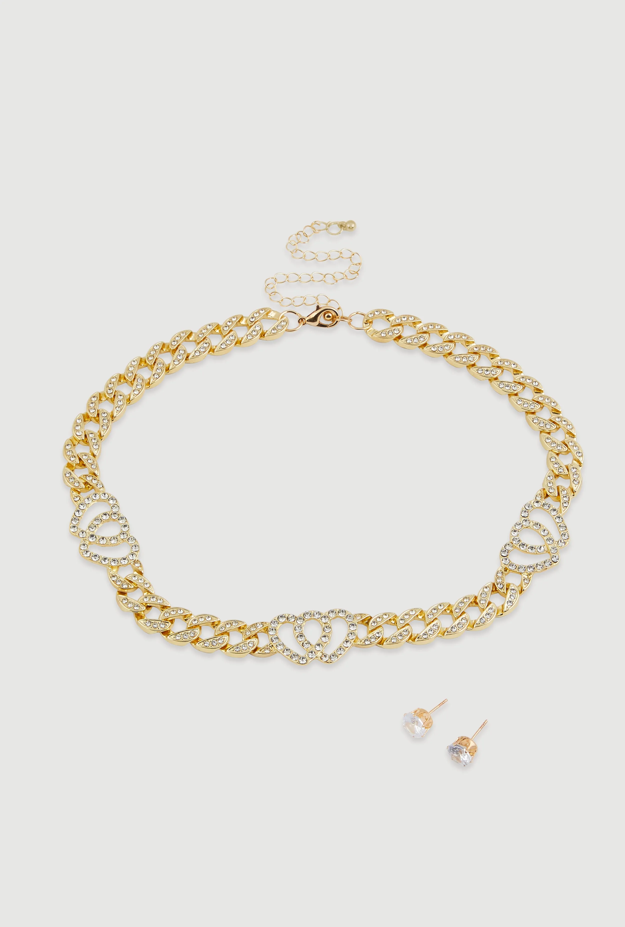 Cubic Zirconia Heart Curb Chain Necklace with Stud Earrings sold by Rainbow