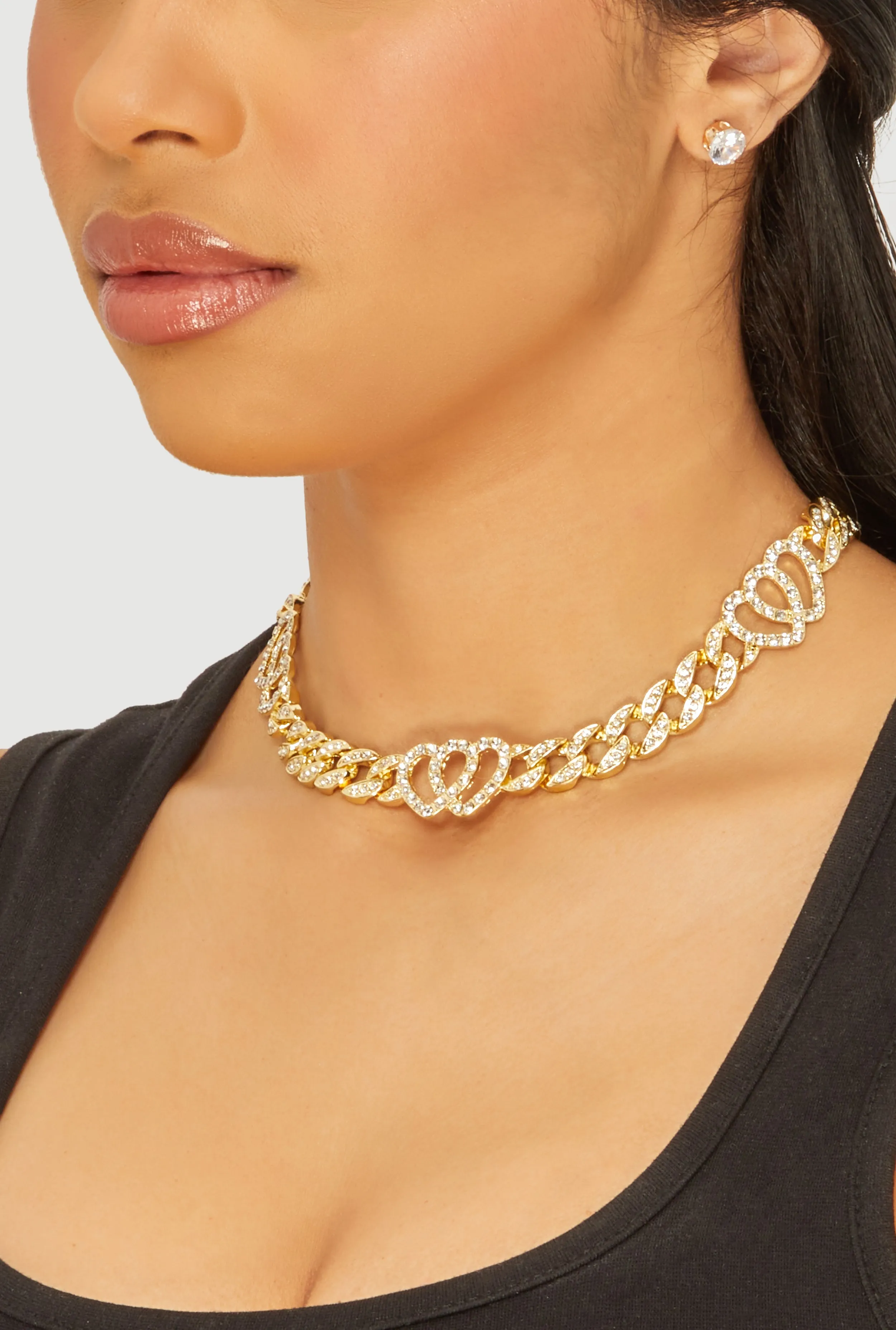 Cubic Zirconia Heart Curb Chain Necklace with Stud Earrings sold by Rainbow product image thumbnail 2