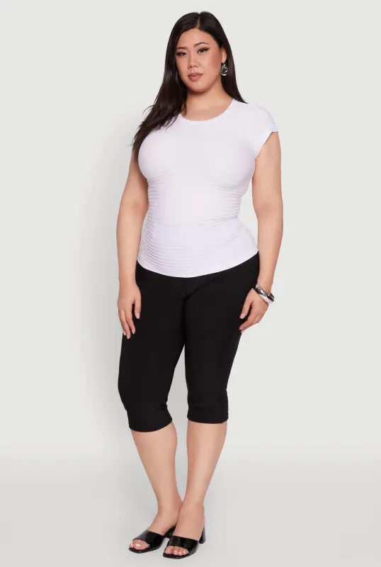 Plus Size Textured Knit Side Ruched Short Sleeve Top made by Rainbow