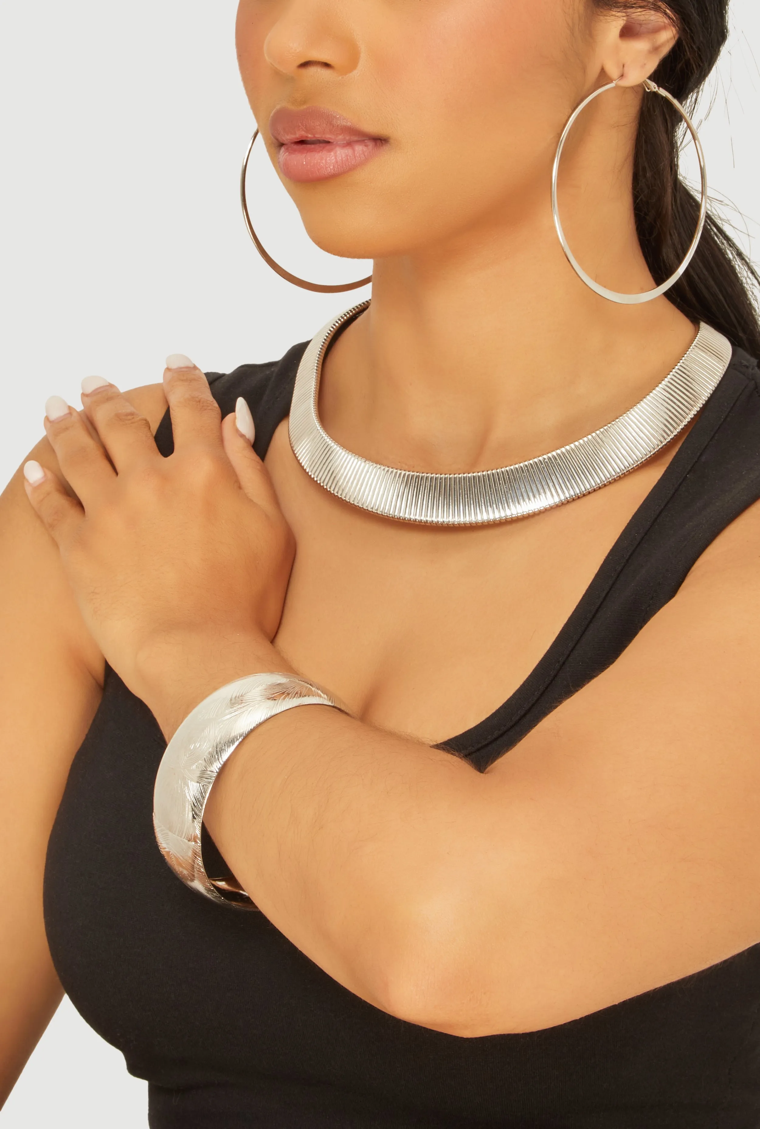 Metallic Statement Necklace with Hoop Earrings and Bangle Set sold by Rainbow product image thumbnail 2