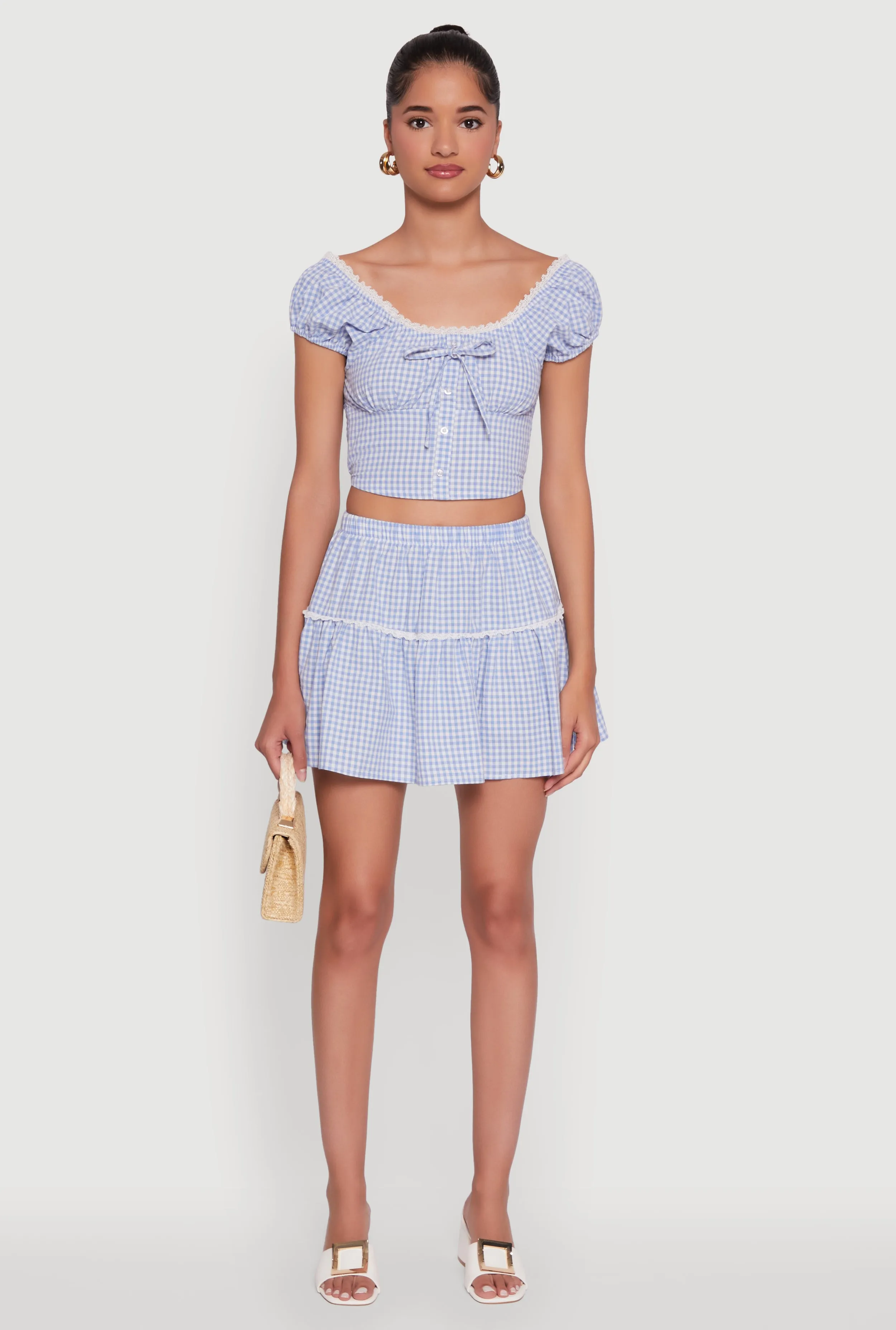 Gingham Lace Trim Tiered Mini Skirt sold by Rainbow product image thumbnail 2