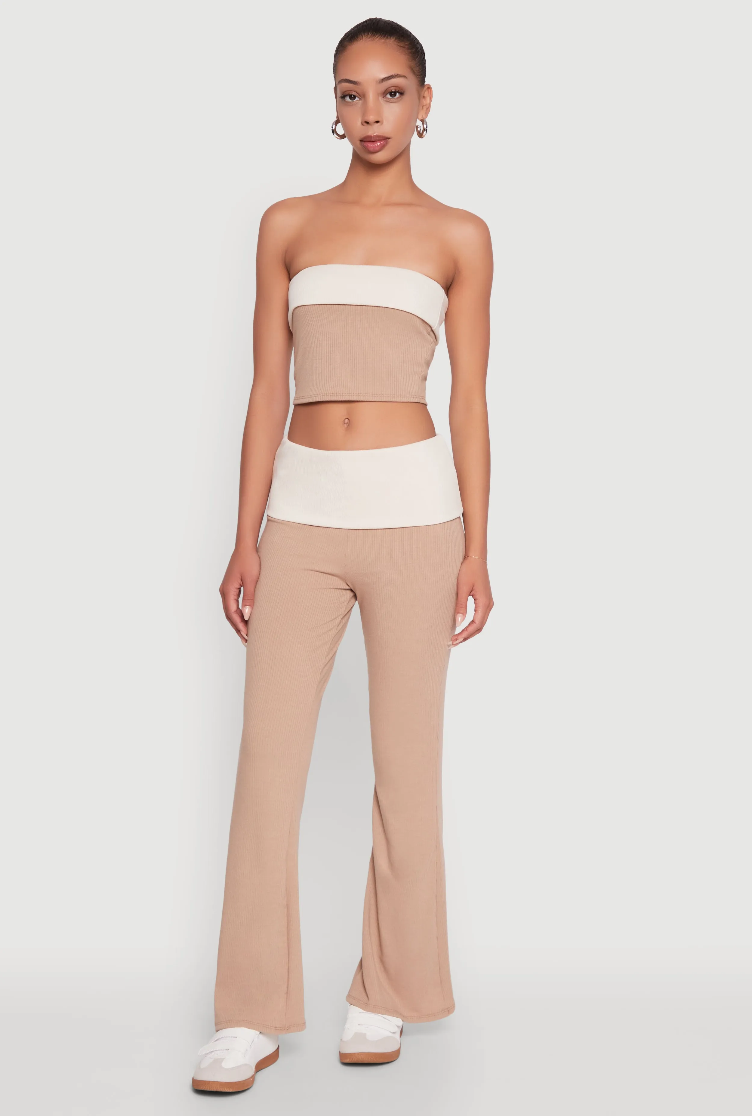 Stylish Rib Knit Contrast Fold Over Bootcut Pants sold by Rainbow