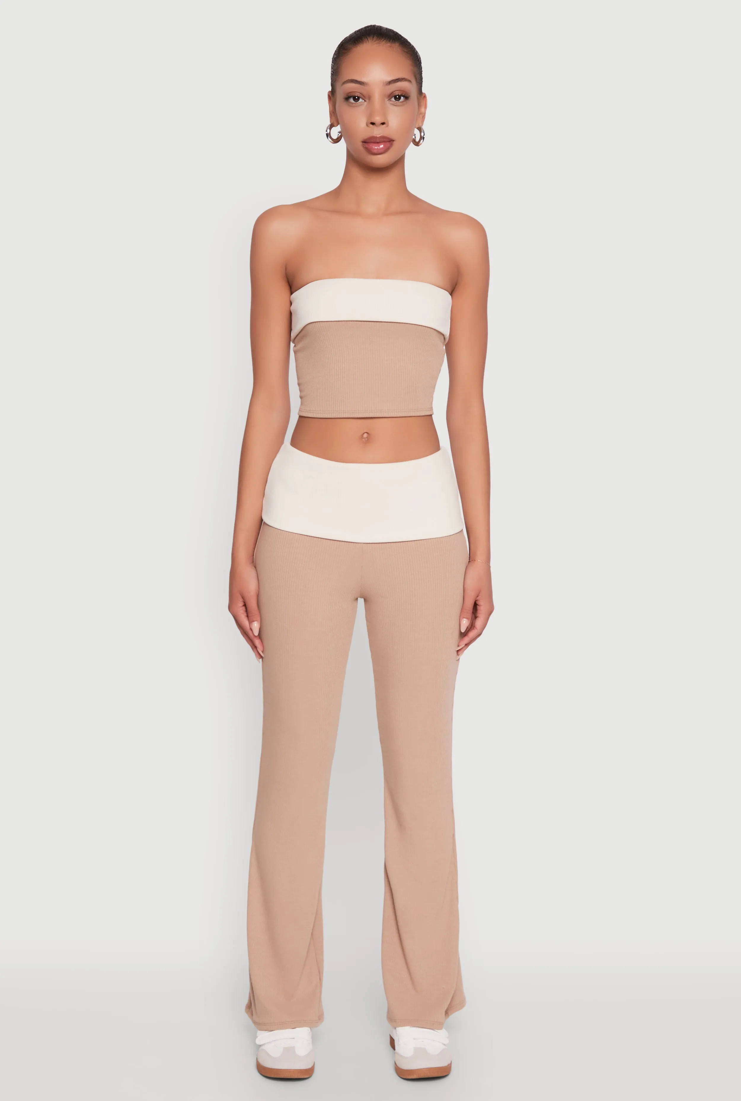 Stylish Rib Knit Contrast Fold Over Bootcut Pants sold by Rainbow product image thumbnail 2