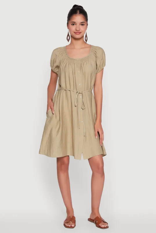 Chic Linen Peasant Dress with Pockets and Tie Waist Belt sold by Rainbow