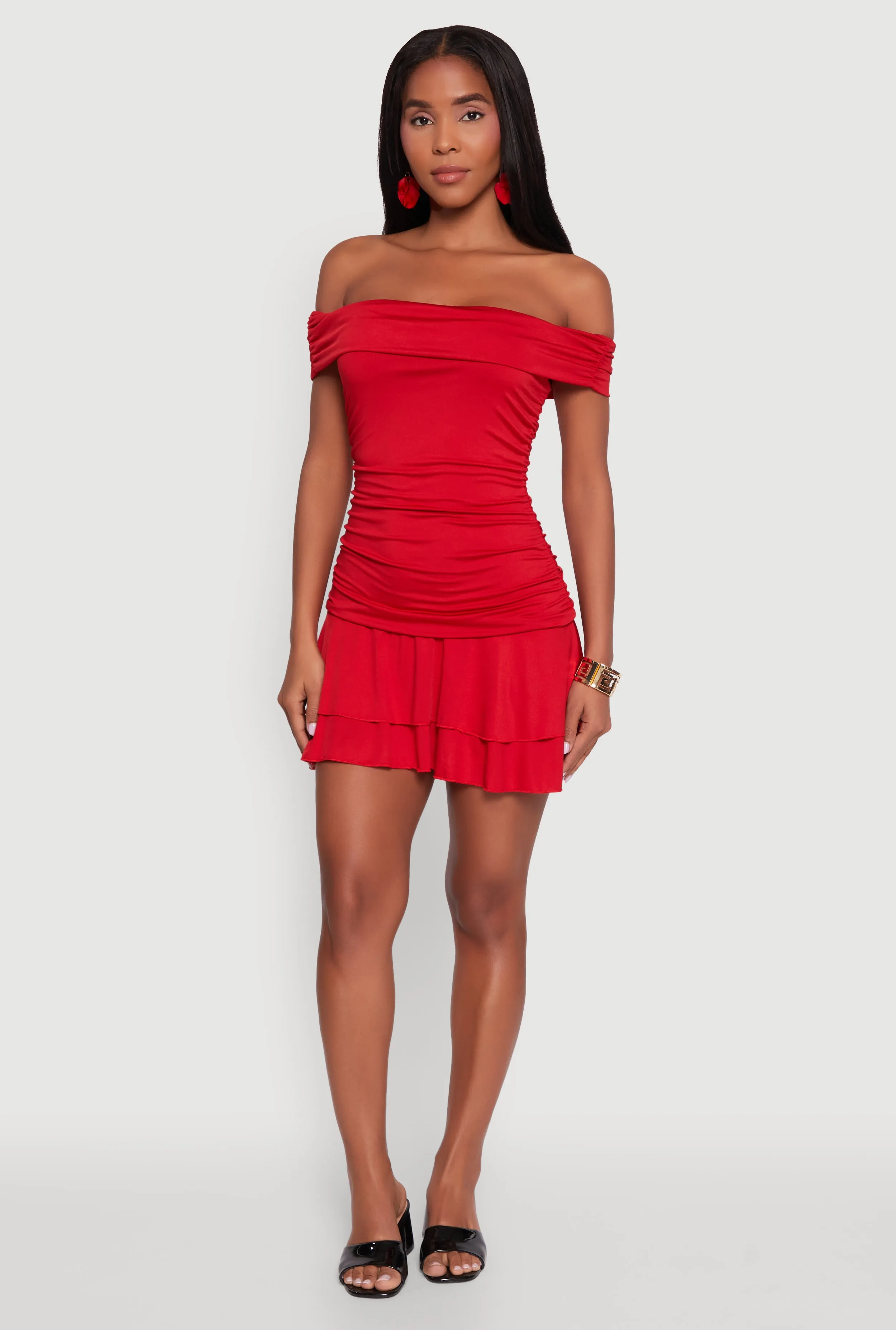Off the Shoulder Ruched Tiered Bodycon Dress sold by Rainbow