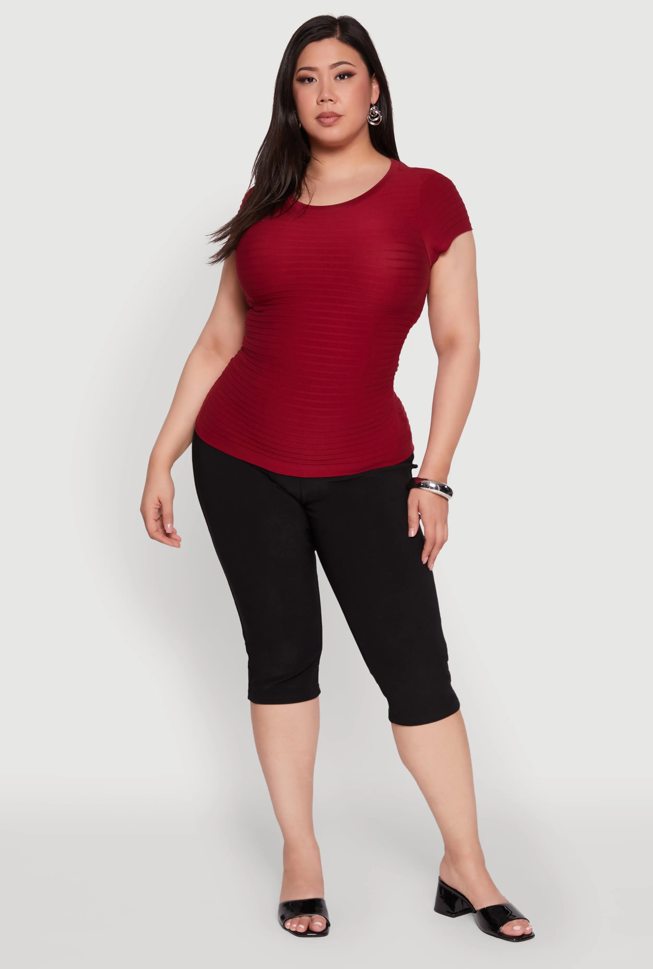 Plus Size Textured Knit Side Ruched Short Sleeve Top sold by Rainbow