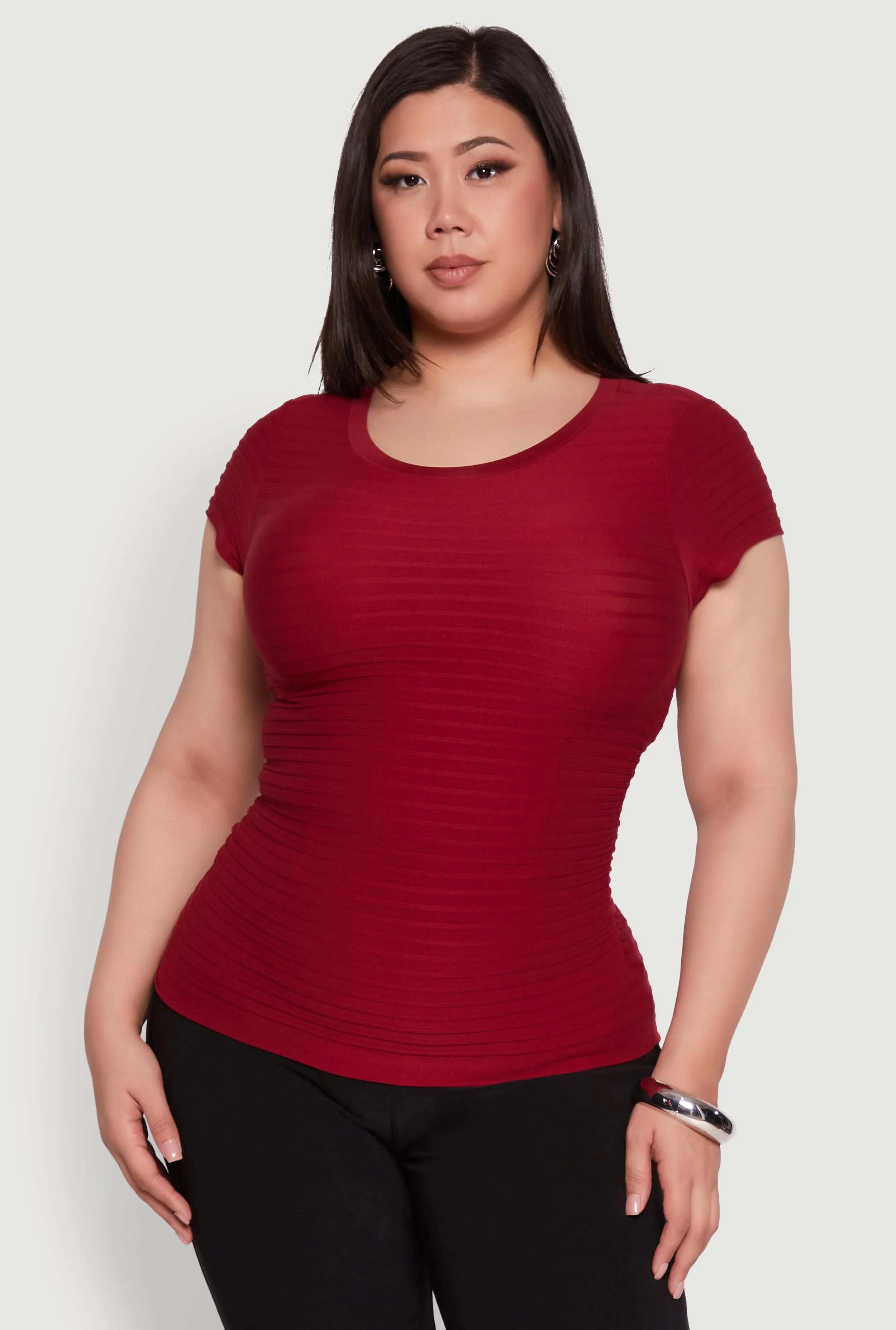 Plus Size Textured Knit Side Ruched Short Sleeve Top sold by Rainbow product image thumbnail 2