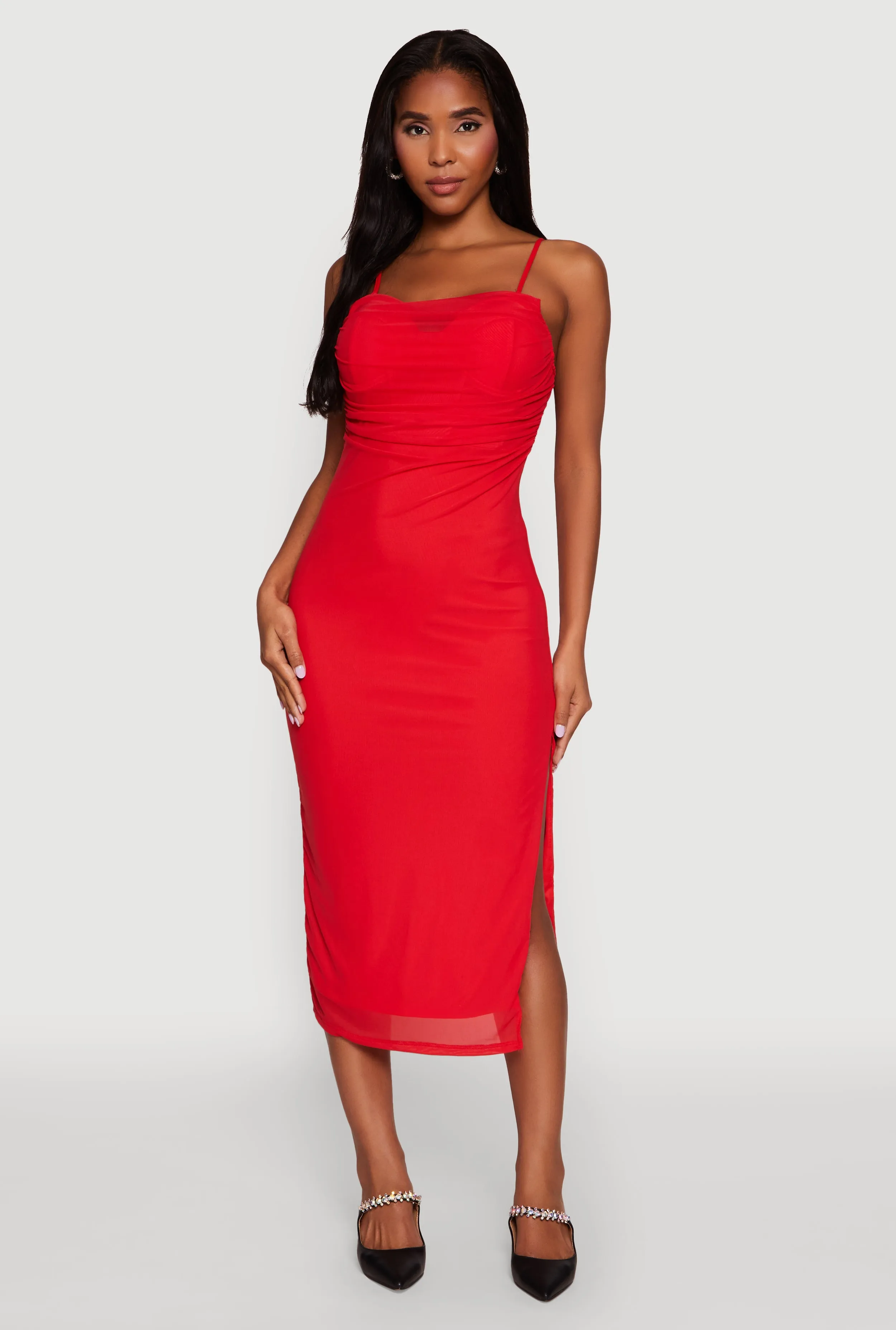 Haute Monde Mesh Overlay Side Slit Bustier Dress sold by Rainbow