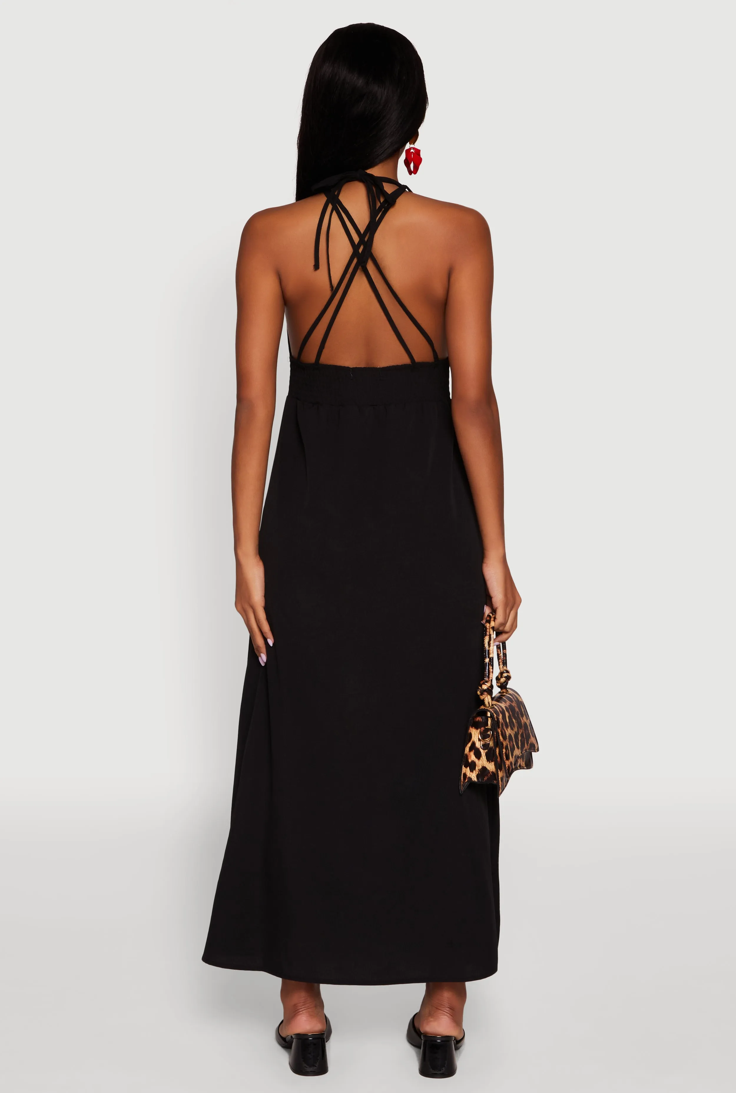 Trendy Plunge Halter Tie Maxi Dress with Criss Cross Back Straps sold by Rainbow product image thumbnail 5