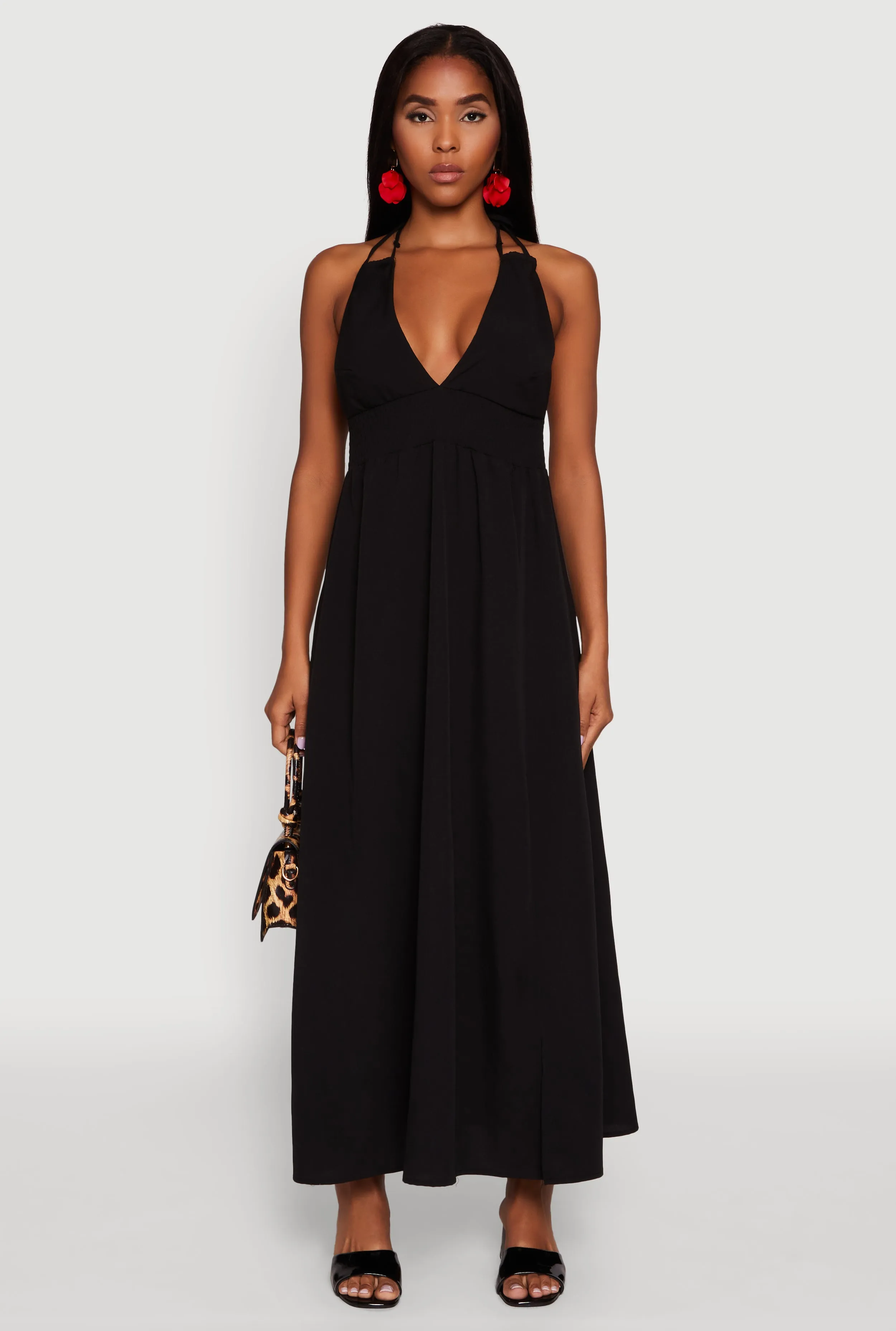 Trendy Plunge Halter Tie Maxi Dress with Criss Cross Back Straps sold by Rainbow