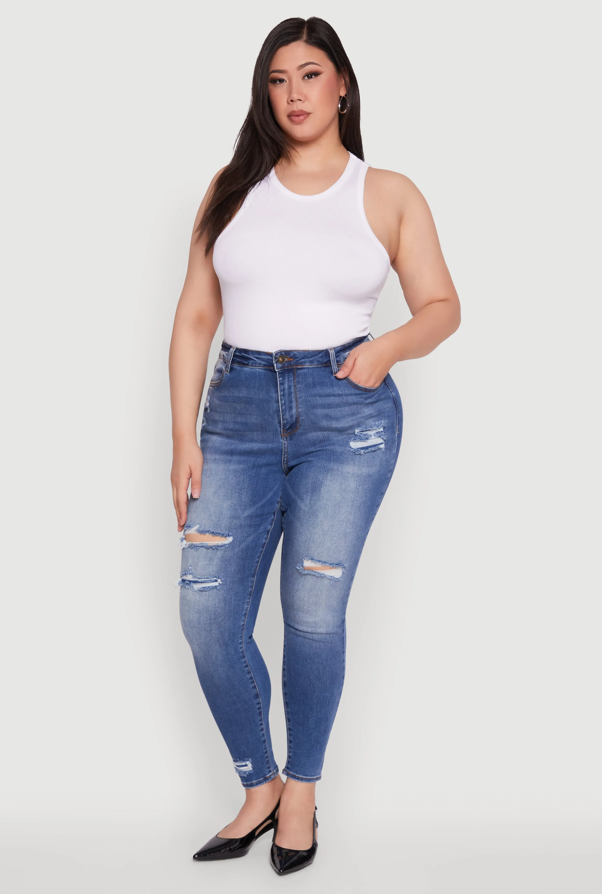 Plus Size WAX Distressed High Waisted Skinny Leg Jeans sold by Rainbow