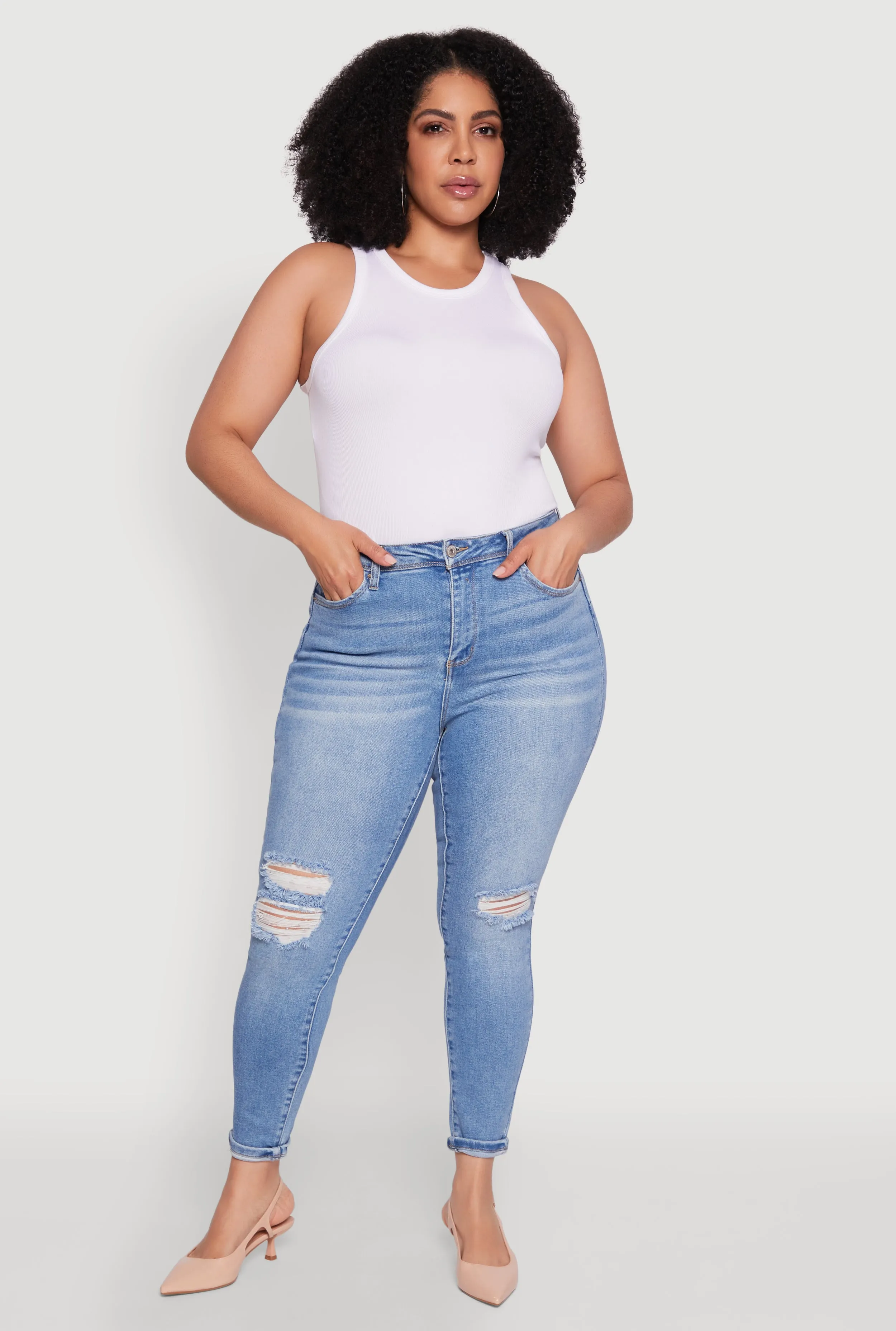 Plus Size WAX Trendy High Waisted Distressed Skinny Jeans sold by Rainbow