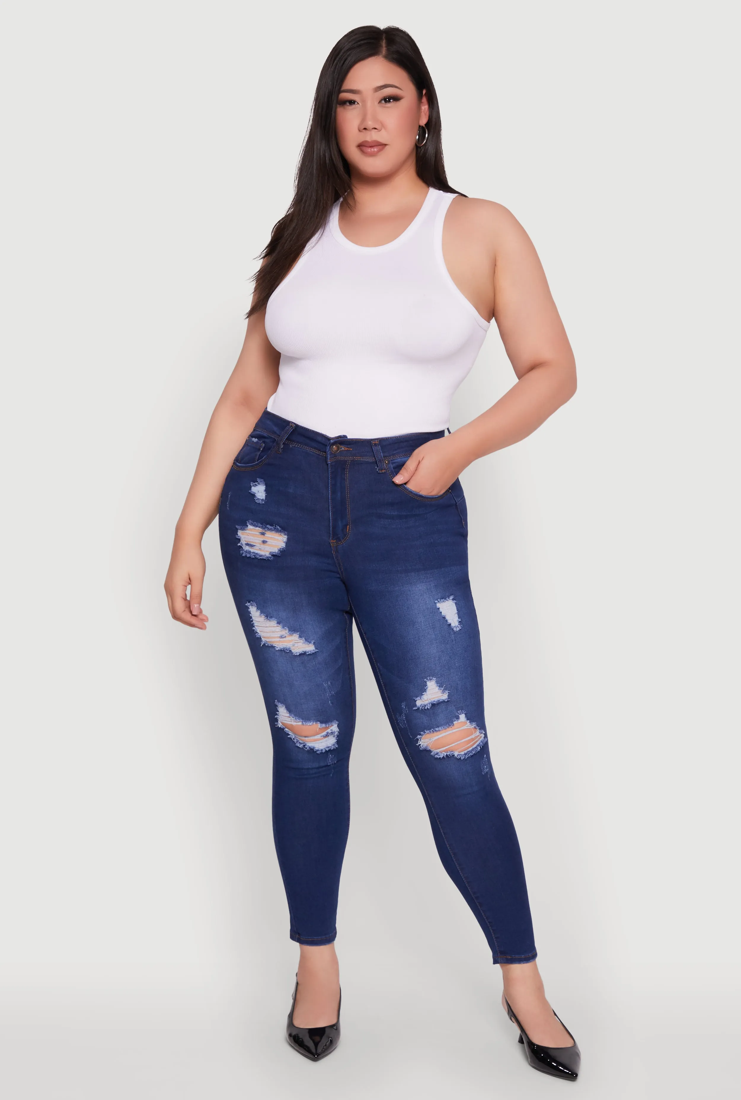 Plus Size WAX High Waisted Distressed Frayed Skinny Jeans sold by Rainbow
