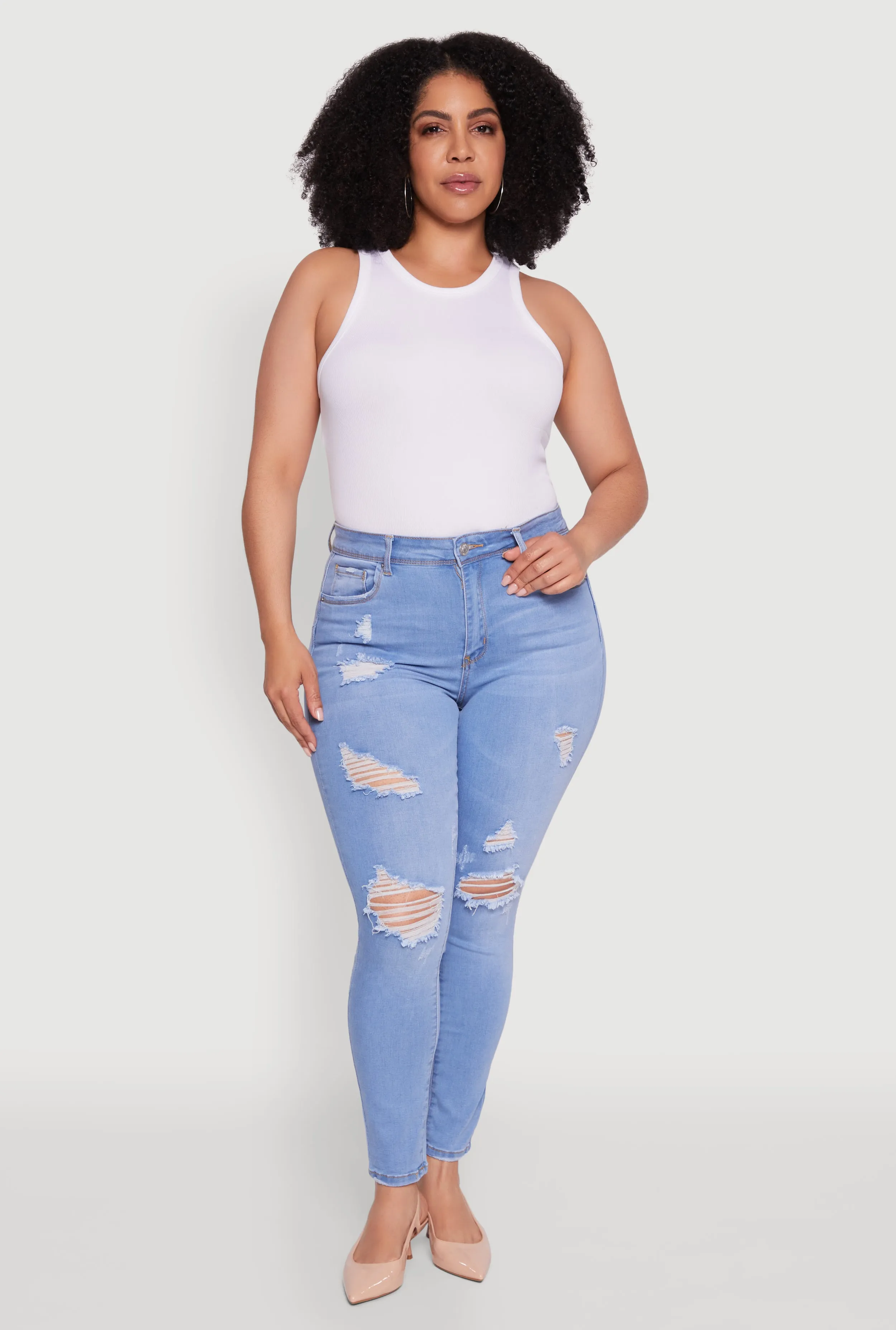 Plus Size WAX High Waisted Distressed Frayed Skinny Jeans sold by Rainbow