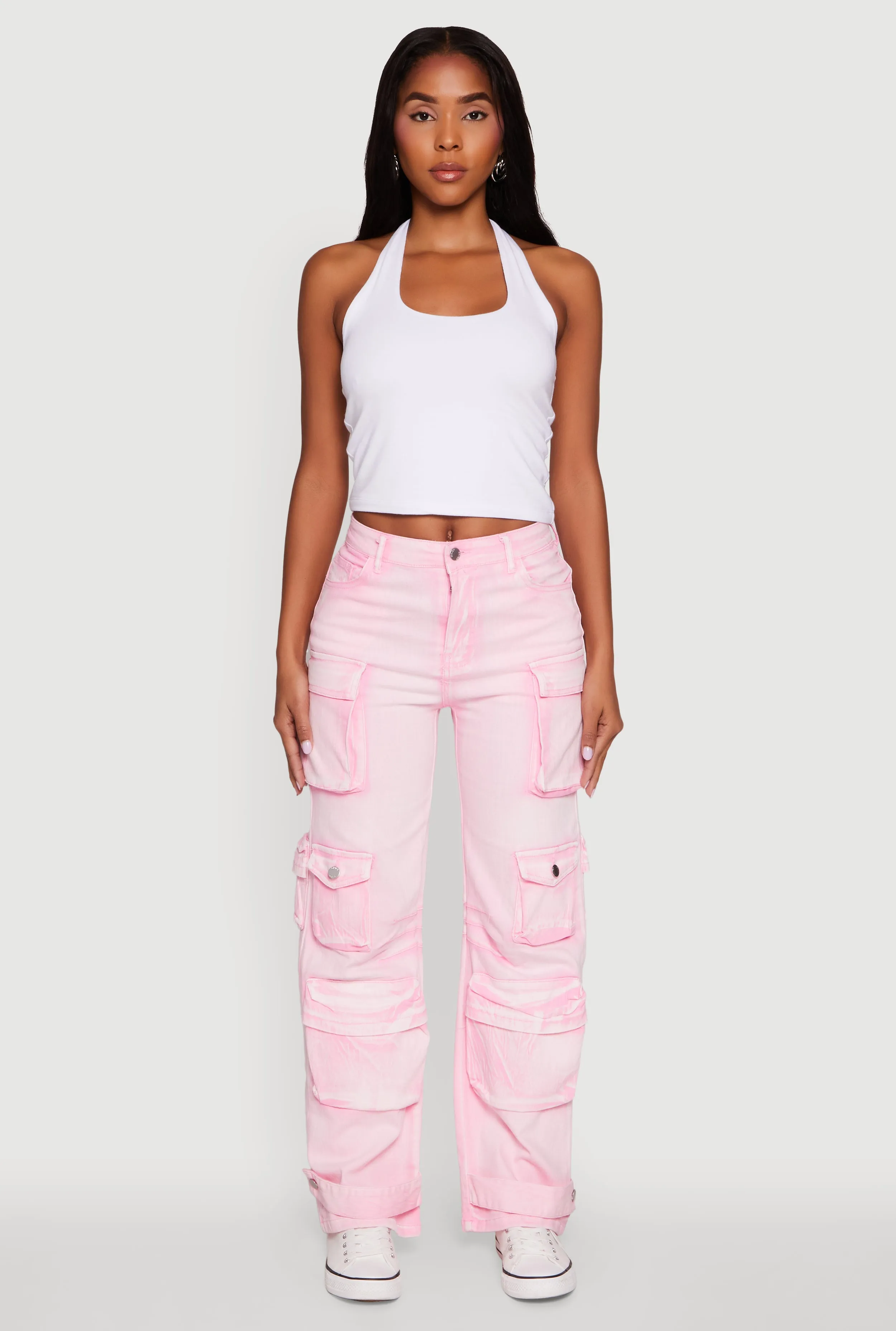 Daisy Acid Wash High Waisted Wide Leg Cargo Pants sold by Rainbow