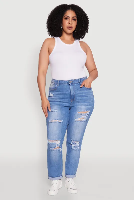 Plus Size WAX High Waisted Distressed Mom Jeans sold by Rainbow
