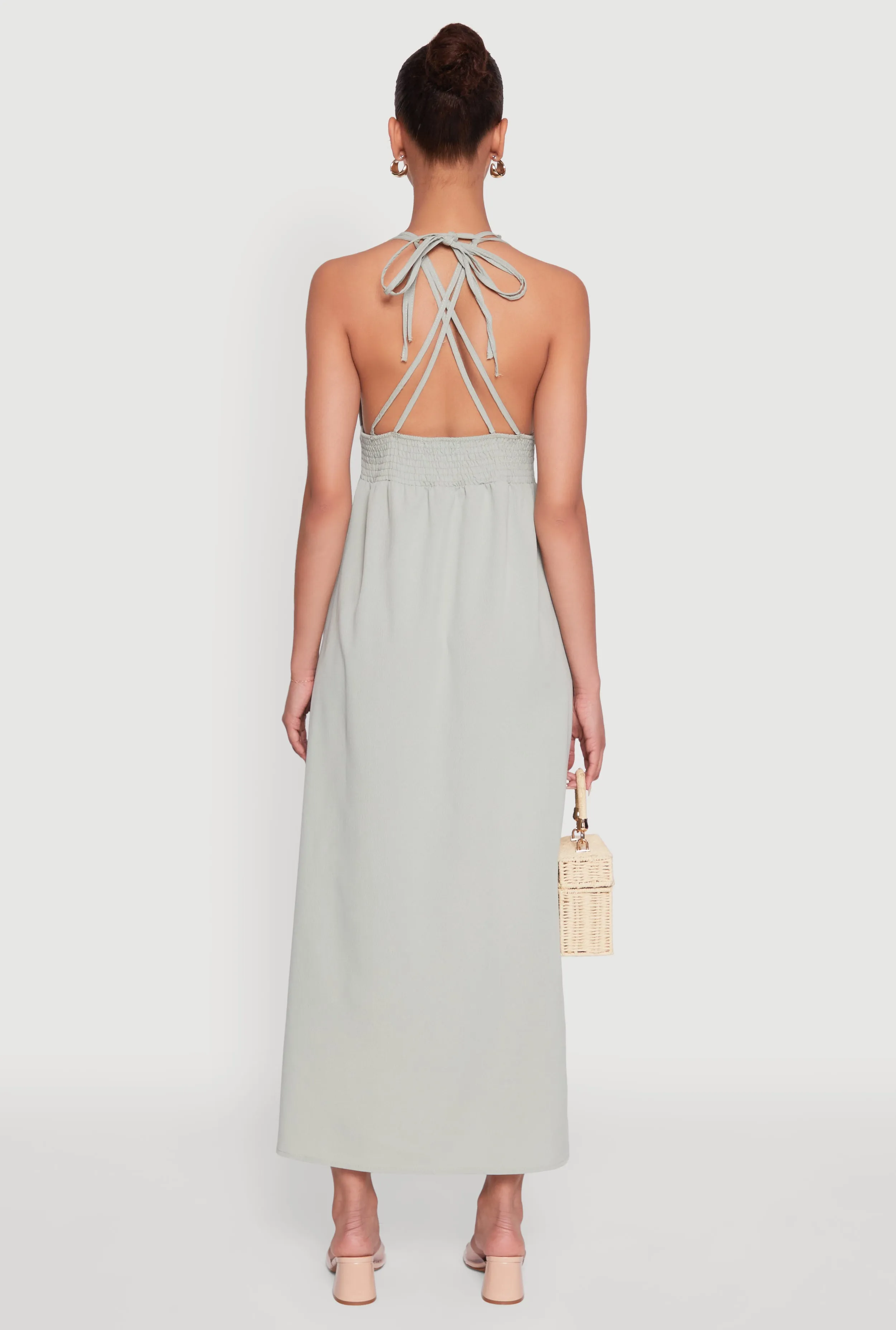 Trendy Plunge Halter Tie Maxi Dress with Criss Cross Back Straps sold by Rainbow product image thumbnail 5