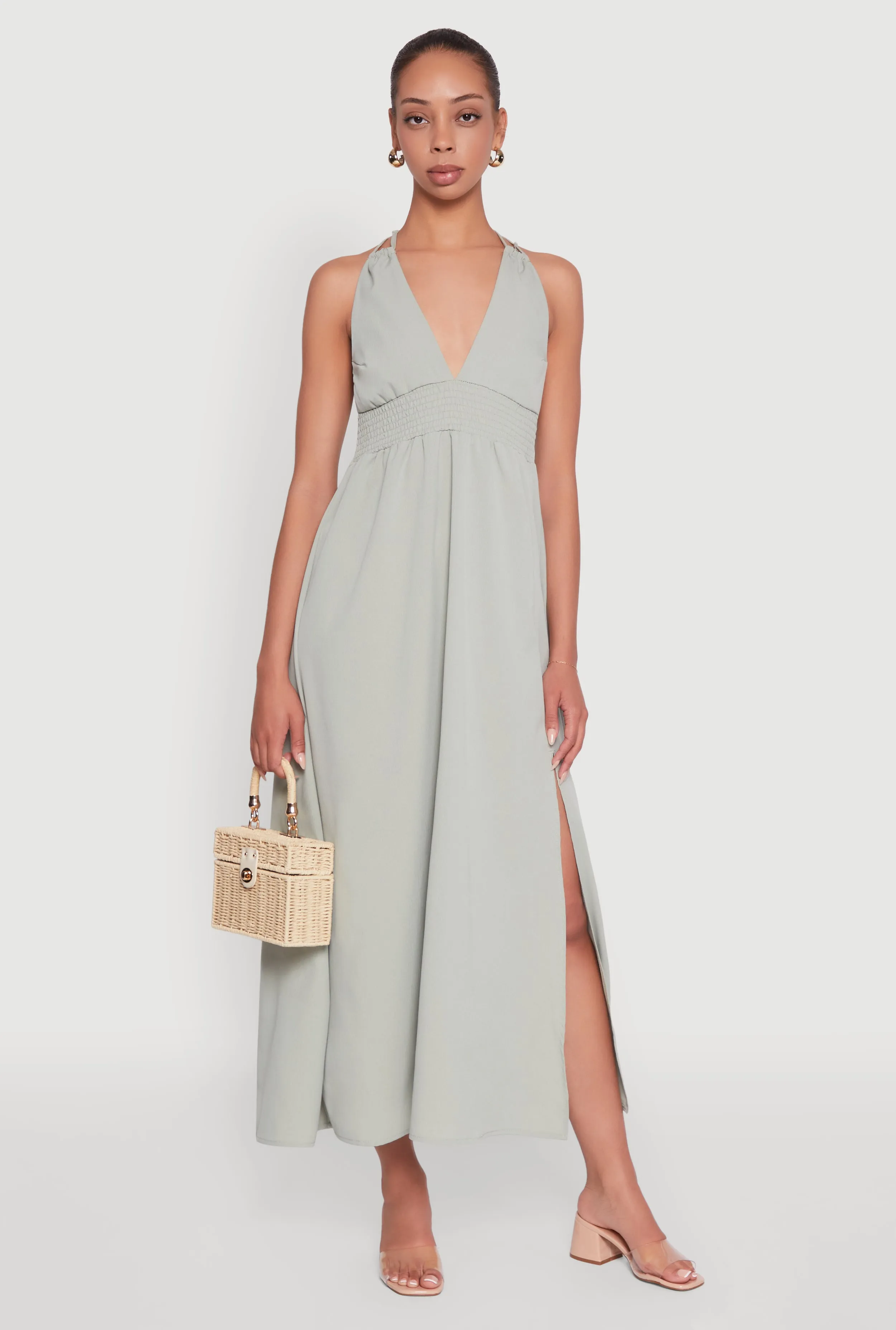 Trendy Plunge Halter Tie Maxi Dress with Criss Cross Back Straps sold by Rainbow