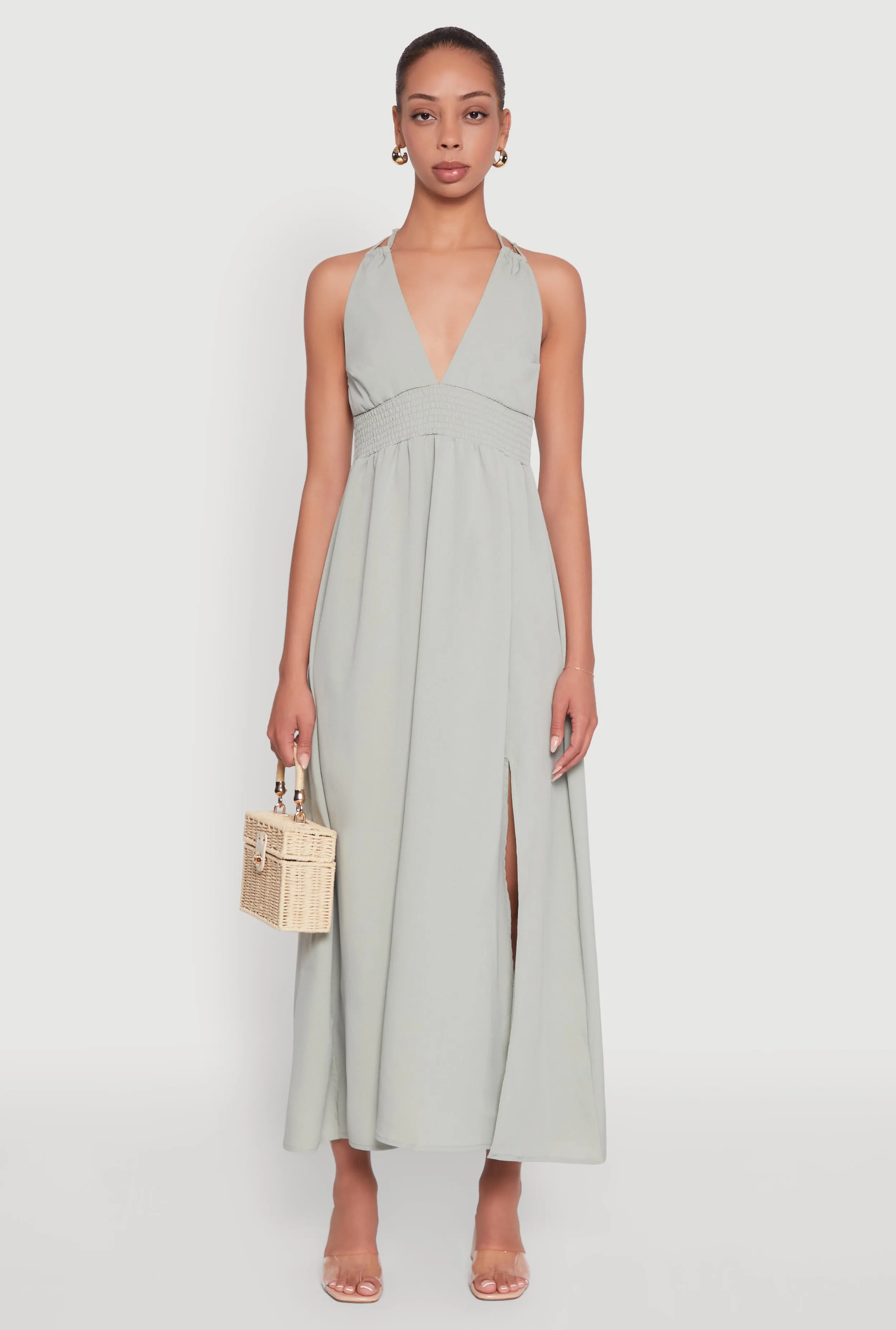 Trendy Plunge Halter Tie Maxi Dress with Criss Cross Back Straps sold by Rainbow product image thumbnail 2