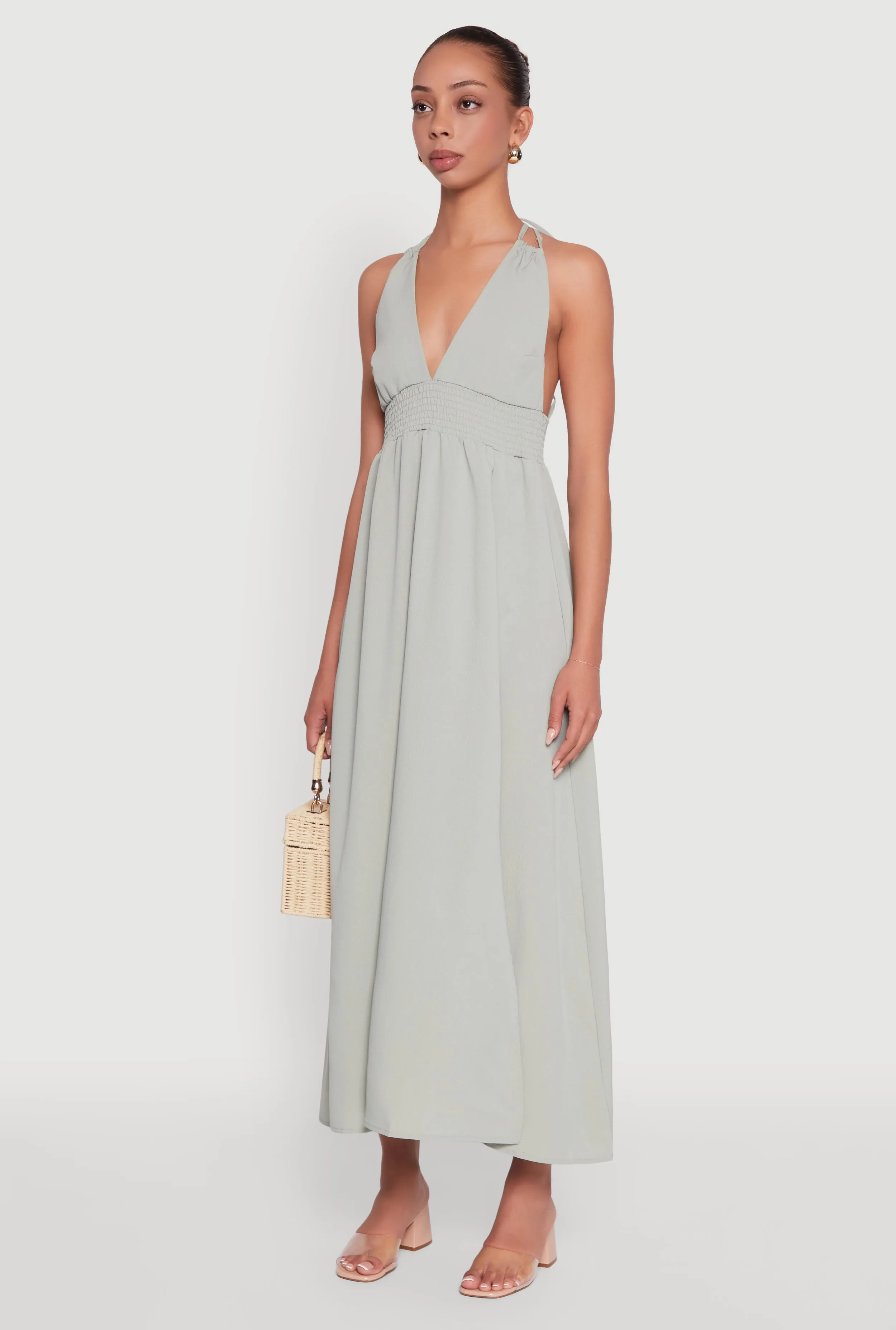 Trendy Plunge Halter Tie Maxi Dress with Criss Cross Back Straps sold by Rainbow product image thumbnail 3