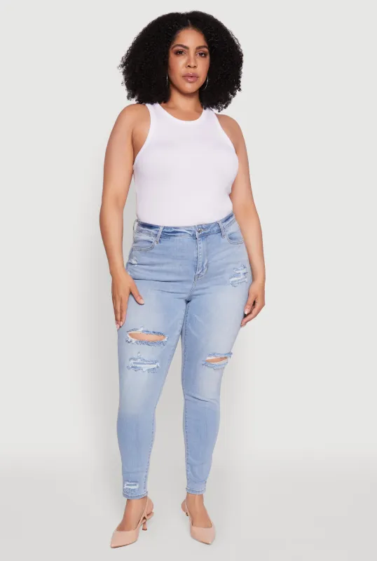 Plus Size WAX Distressed High Waisted Skinny Leg Jeans sold by Rainbow