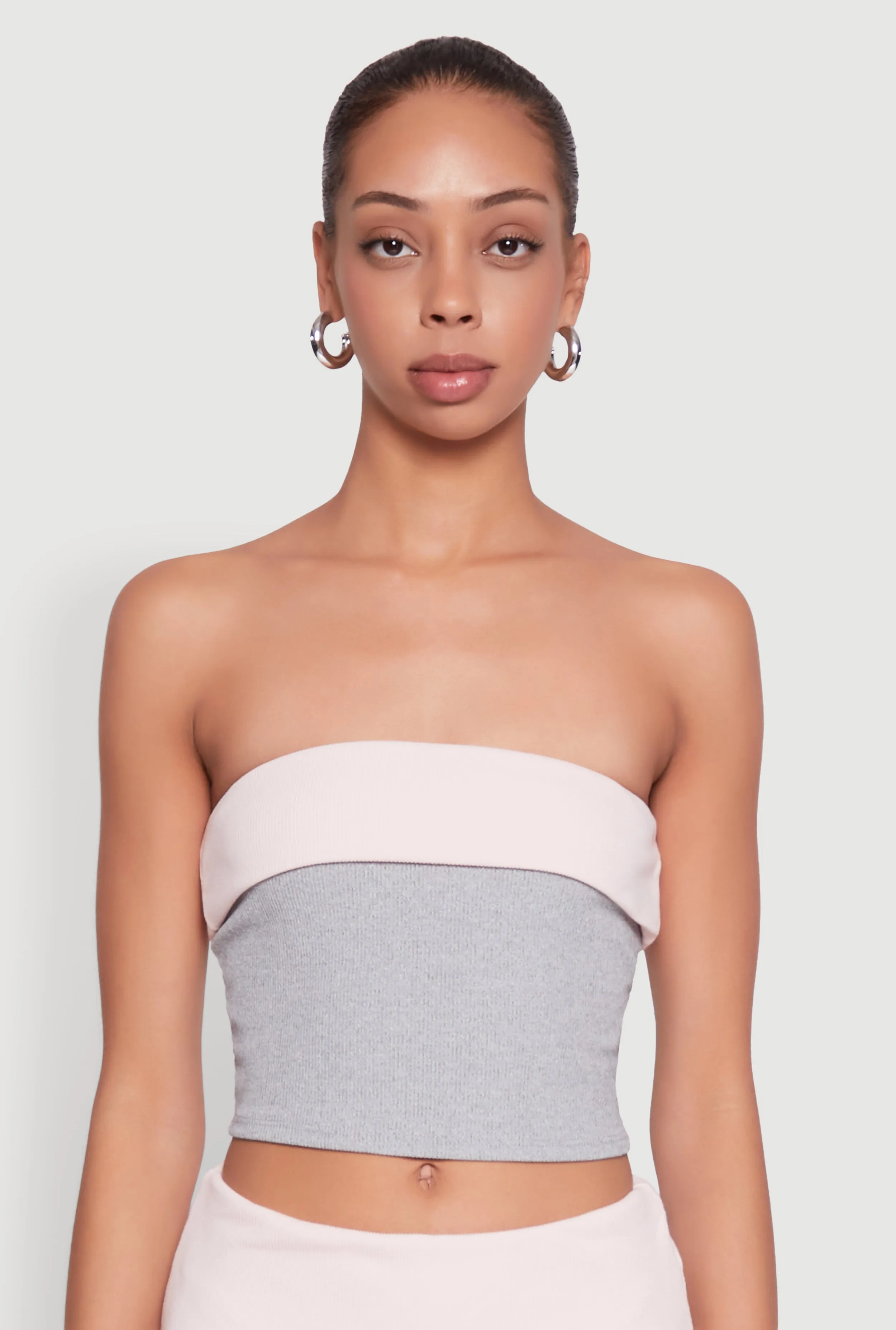 Stylish Rib Knit Contrast Fold Over Cropped Tube Top sold by Rainbow