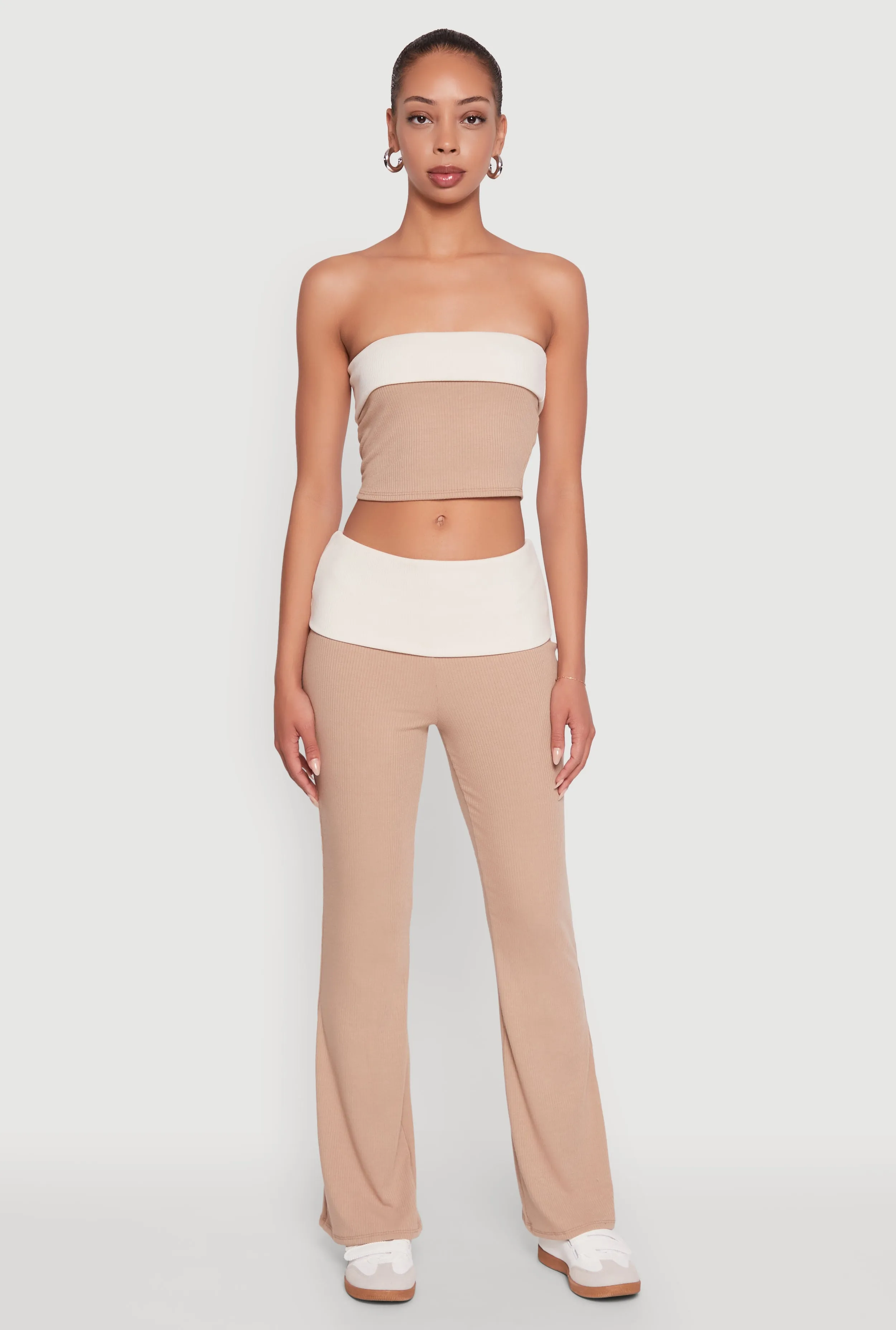 Stylish Rib Knit Contrast Fold Over Cropped Tube Top sold by Rainbow product image thumbnail 2
