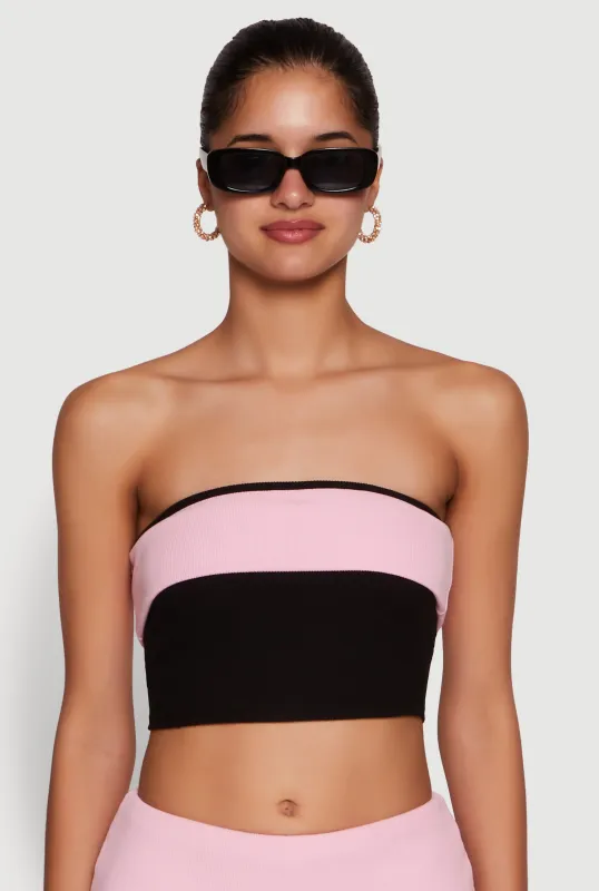 Stylish Rib Knit Contrast Fold Over Cropped Tube Top sold by Rainbow