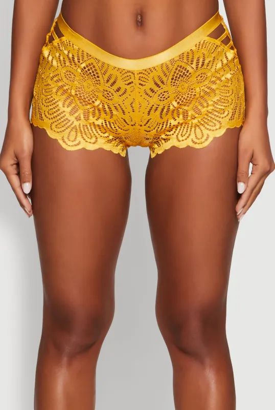 Geometric Lace Caged Detail Boyshort Panties sold by Rainbow