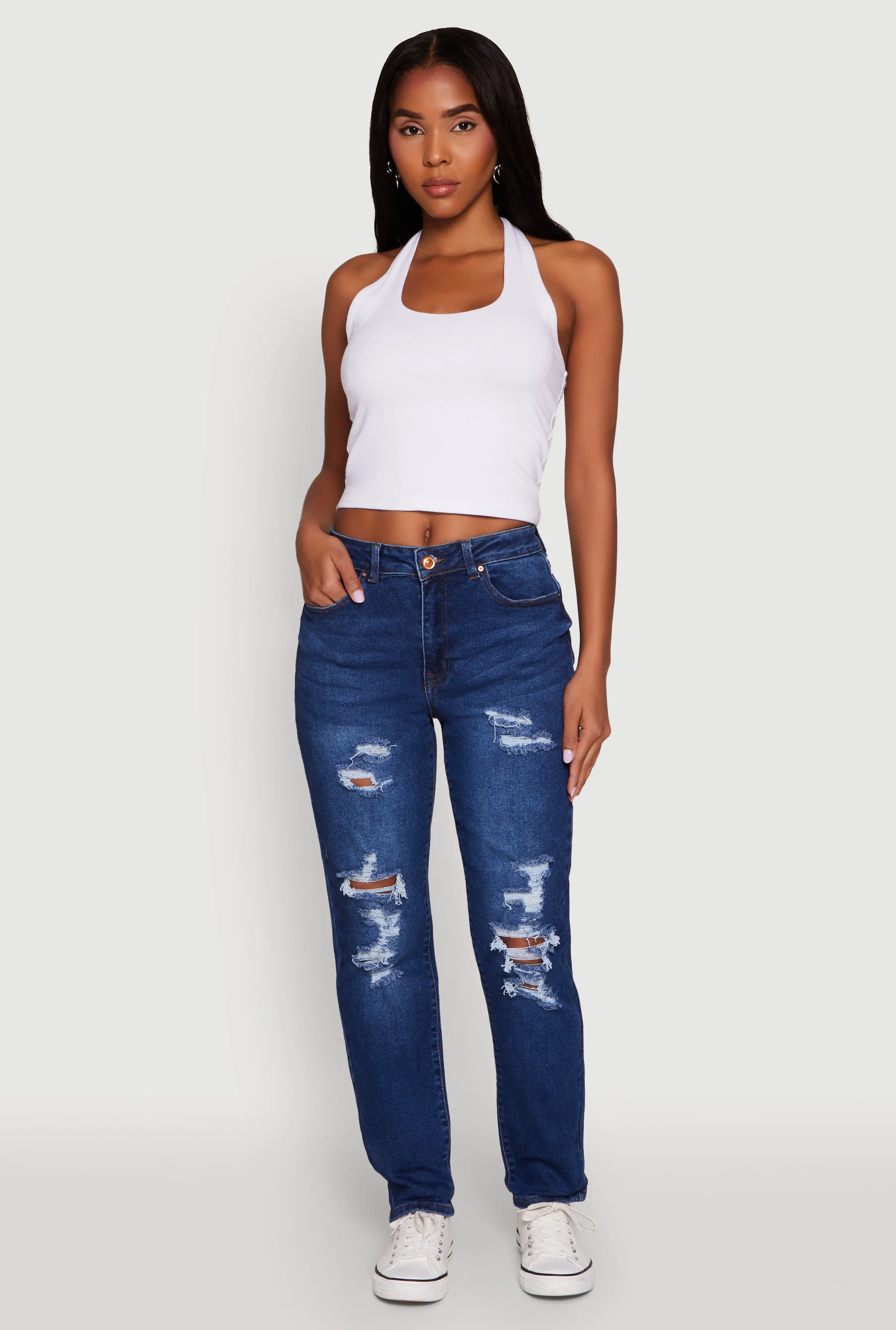 WAX Mid Rise Boyfriend Cut Distressed Jeans sold by Rainbow