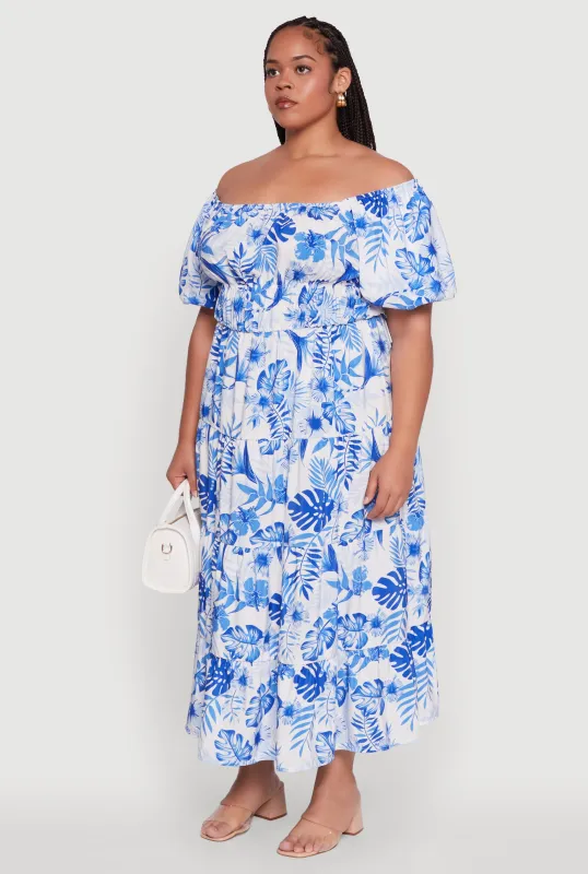 Plus Size Off Shoulder Tiered Maxi Dress with Puff Sleeves sold by Rainbow