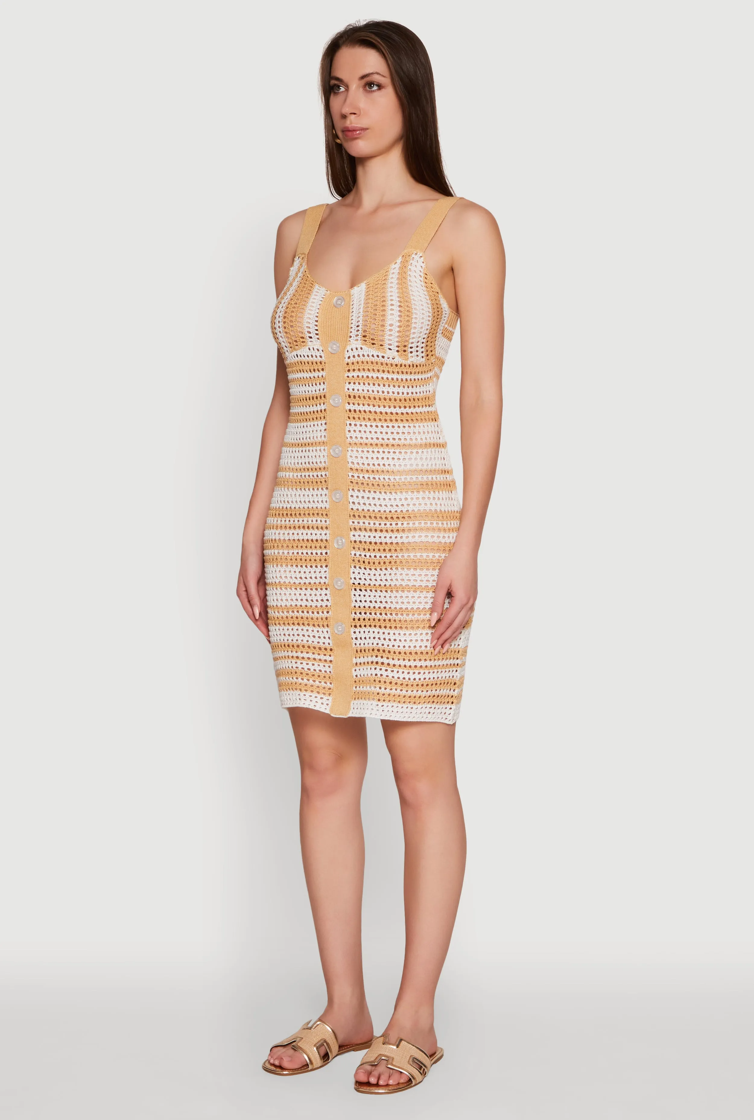 Trendy Striped Crochet V-Neck Sleeveless Sundress with Faux Buttons sold by Rainbow product image thumbnail 3