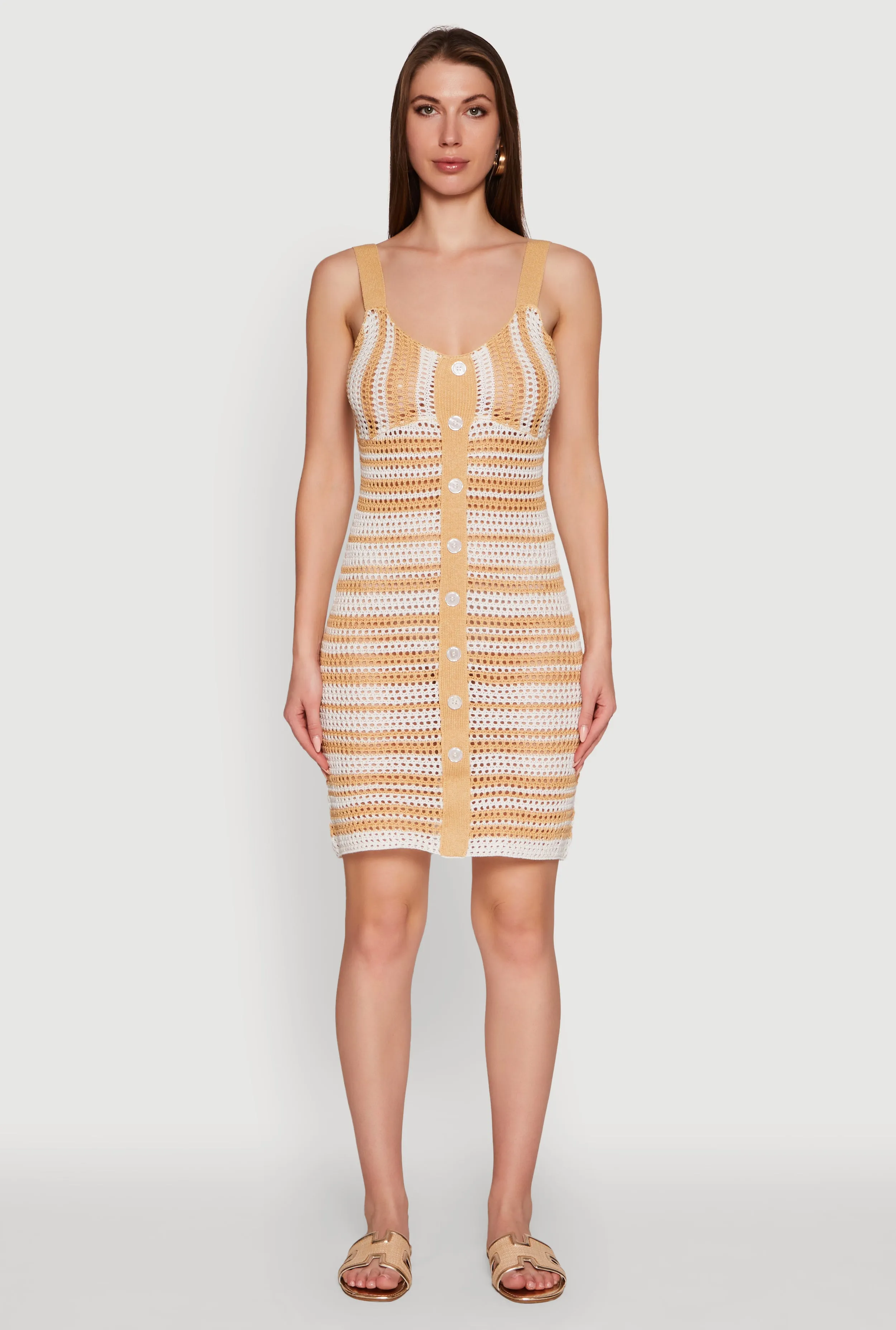 Trendy Striped Crochet V-Neck Sleeveless Sundress with Faux Buttons sold by Rainbow