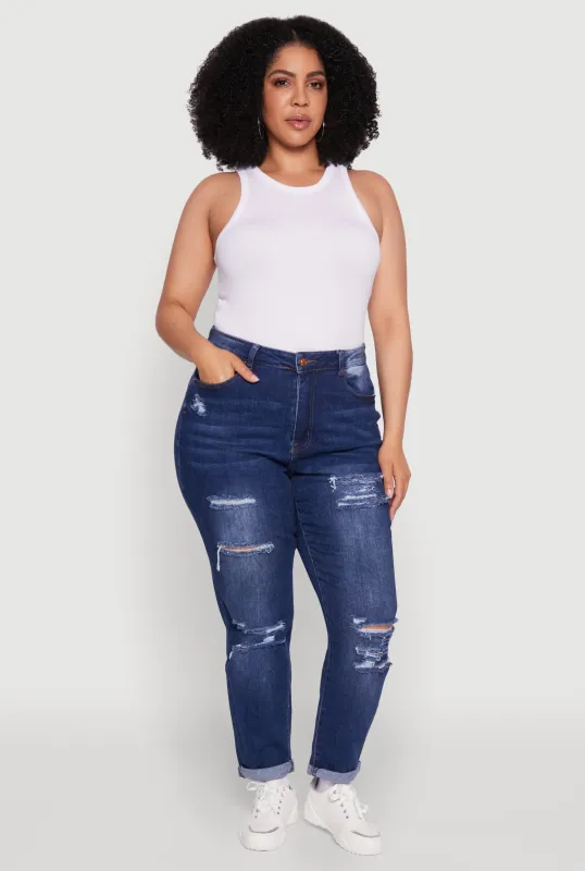 Plus Size WAX High Waisted Distressed Mom Jeans sold by Rainbow