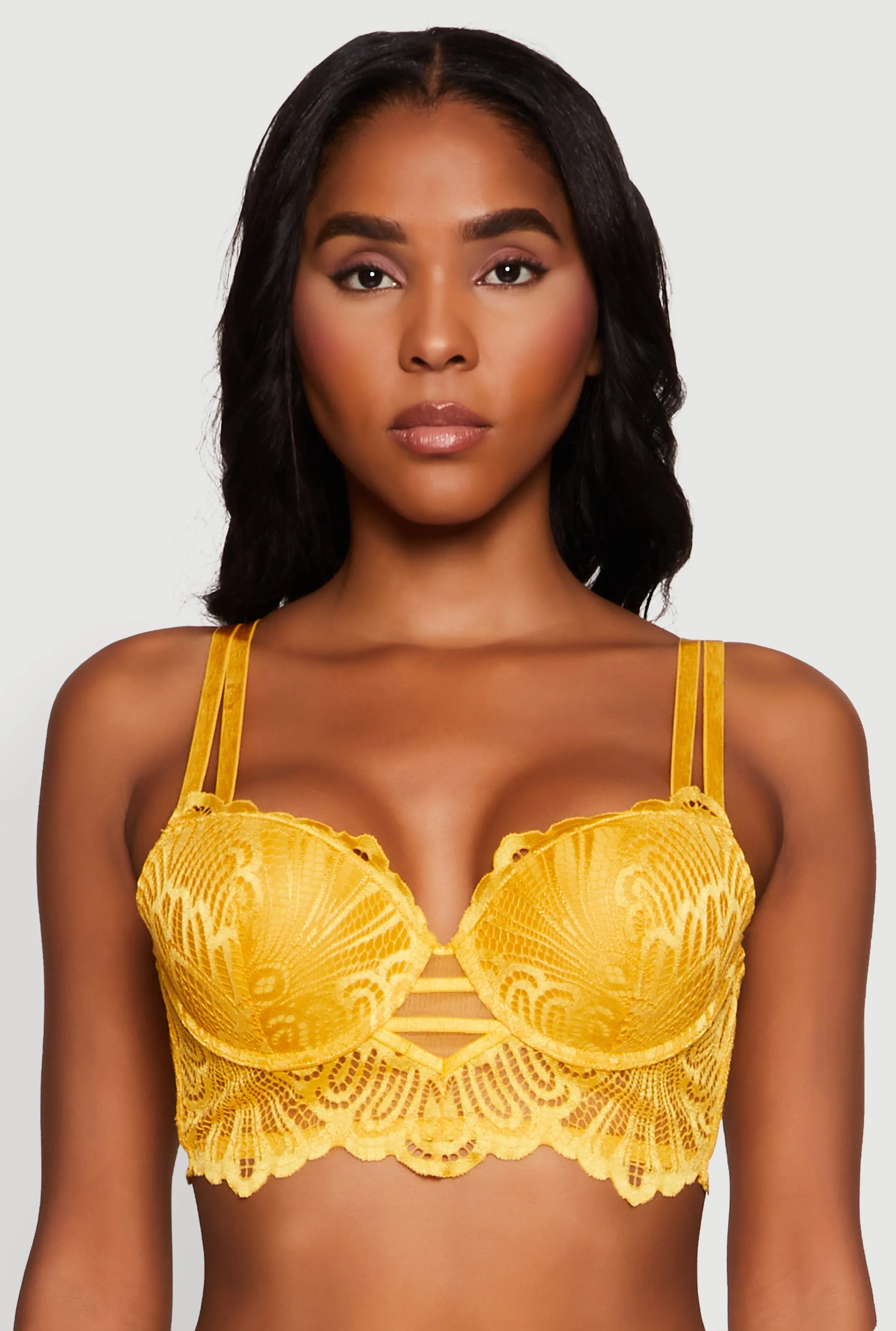 Trendy Caged Patterned Lace Trim Longline Double Strap Push Up Bra sold by Rainbow