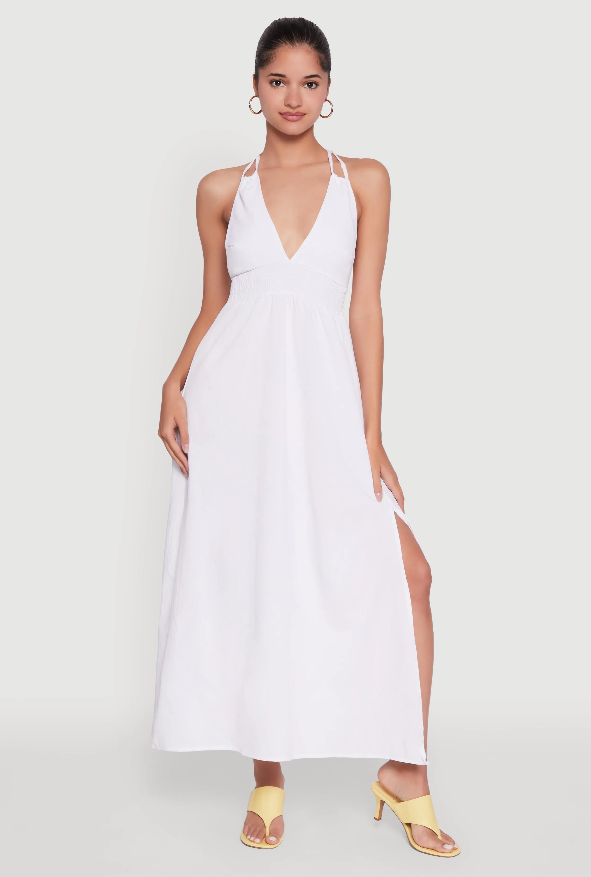 Trendy Plunge Halter Tie Maxi Dress with Criss Cross Back Straps sold by Rainbow