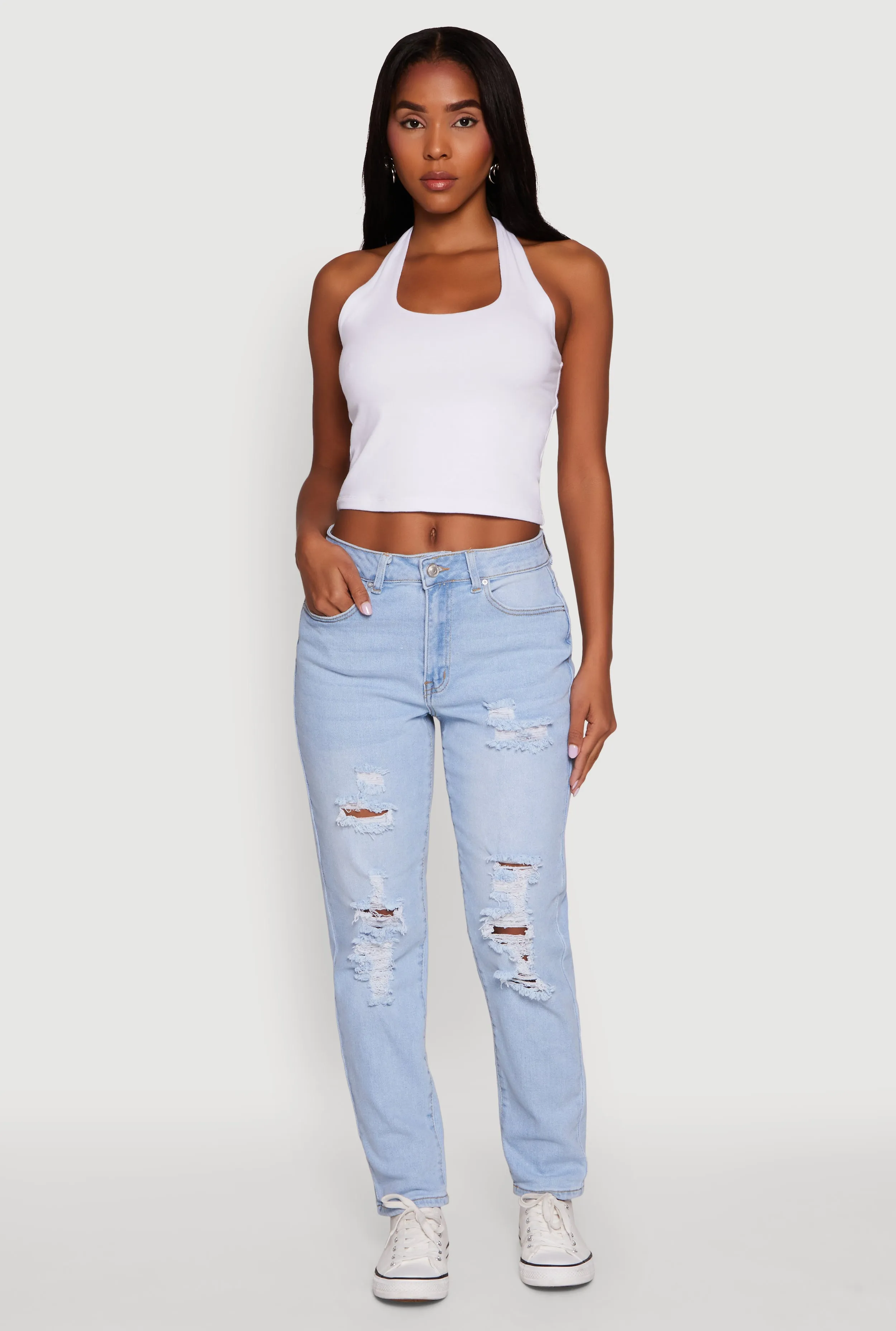WAX Mid Rise Boyfriend Cut Distressed Jeans sold by Rainbow