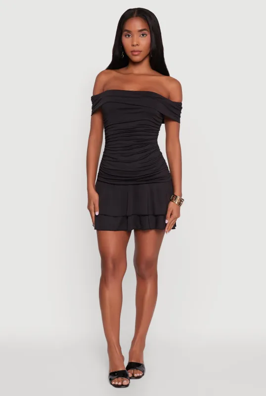 Off the Shoulder Ruched Tiered Bodycon Dress sold by Rainbow