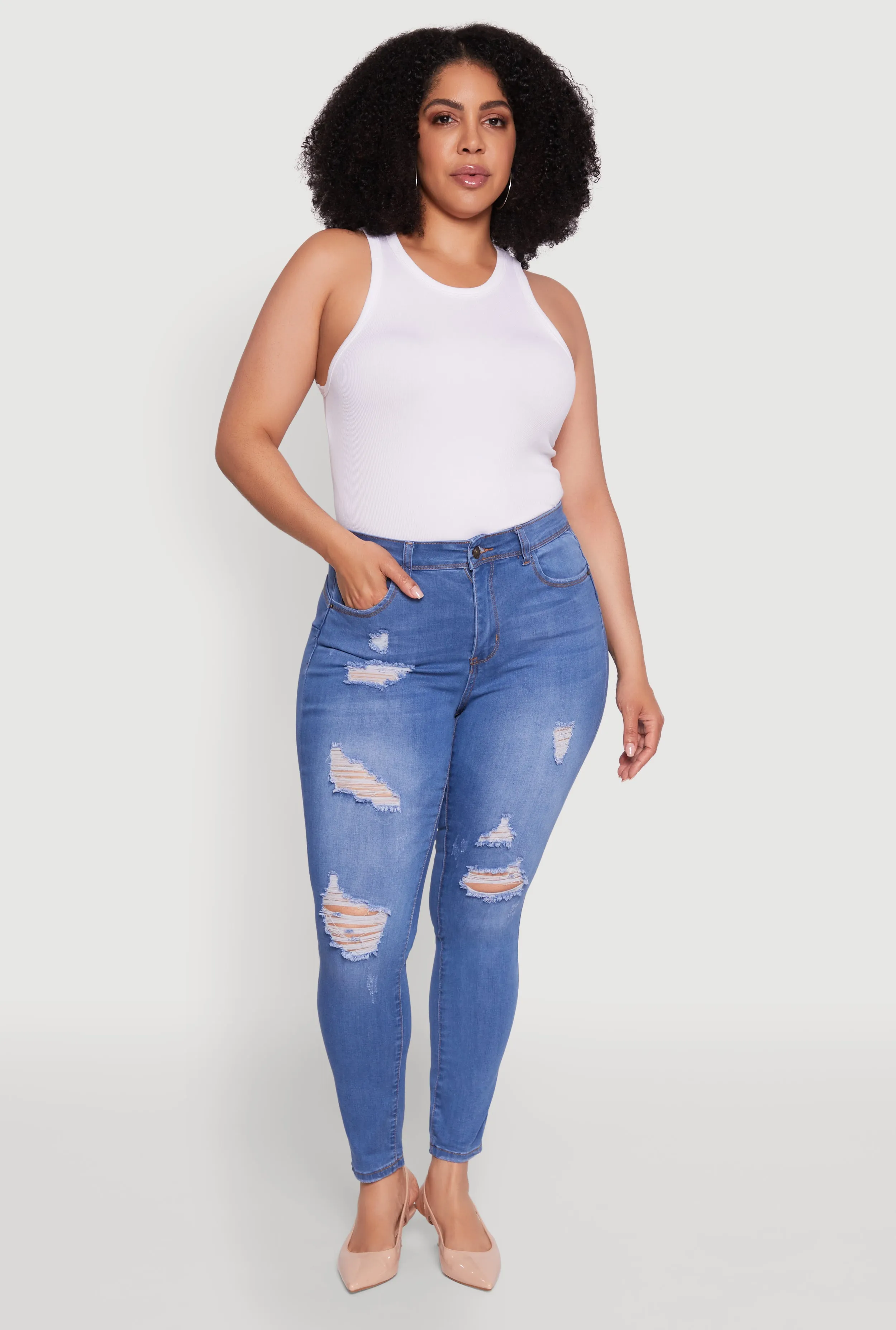 Plus Size WAX High Waisted Distressed Frayed Skinny Jeans sold by Rainbow