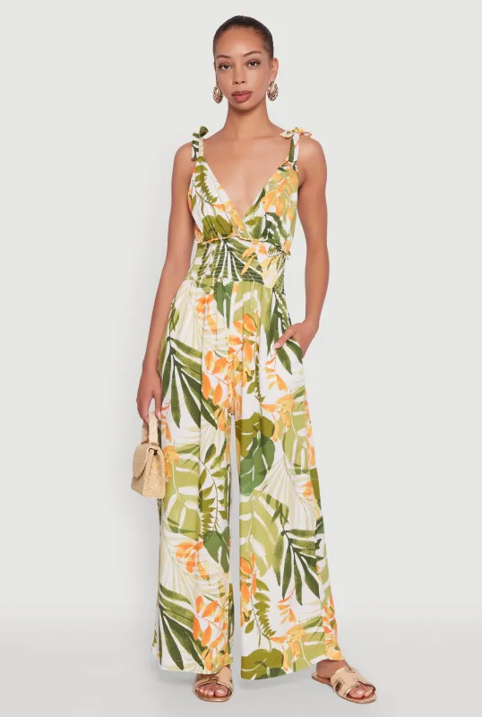 Iris Tropical Leaf Print Sleeveless V-Neck Jumpsuit with Tie Straps sold by Rainbow