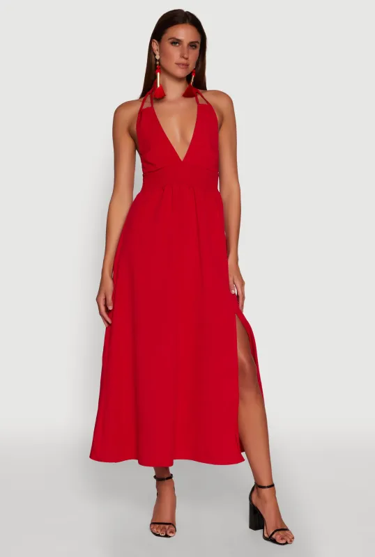 Trendy Plunge Halter Tie Maxi Dress with Criss Cross Back Straps sold by Rainbow